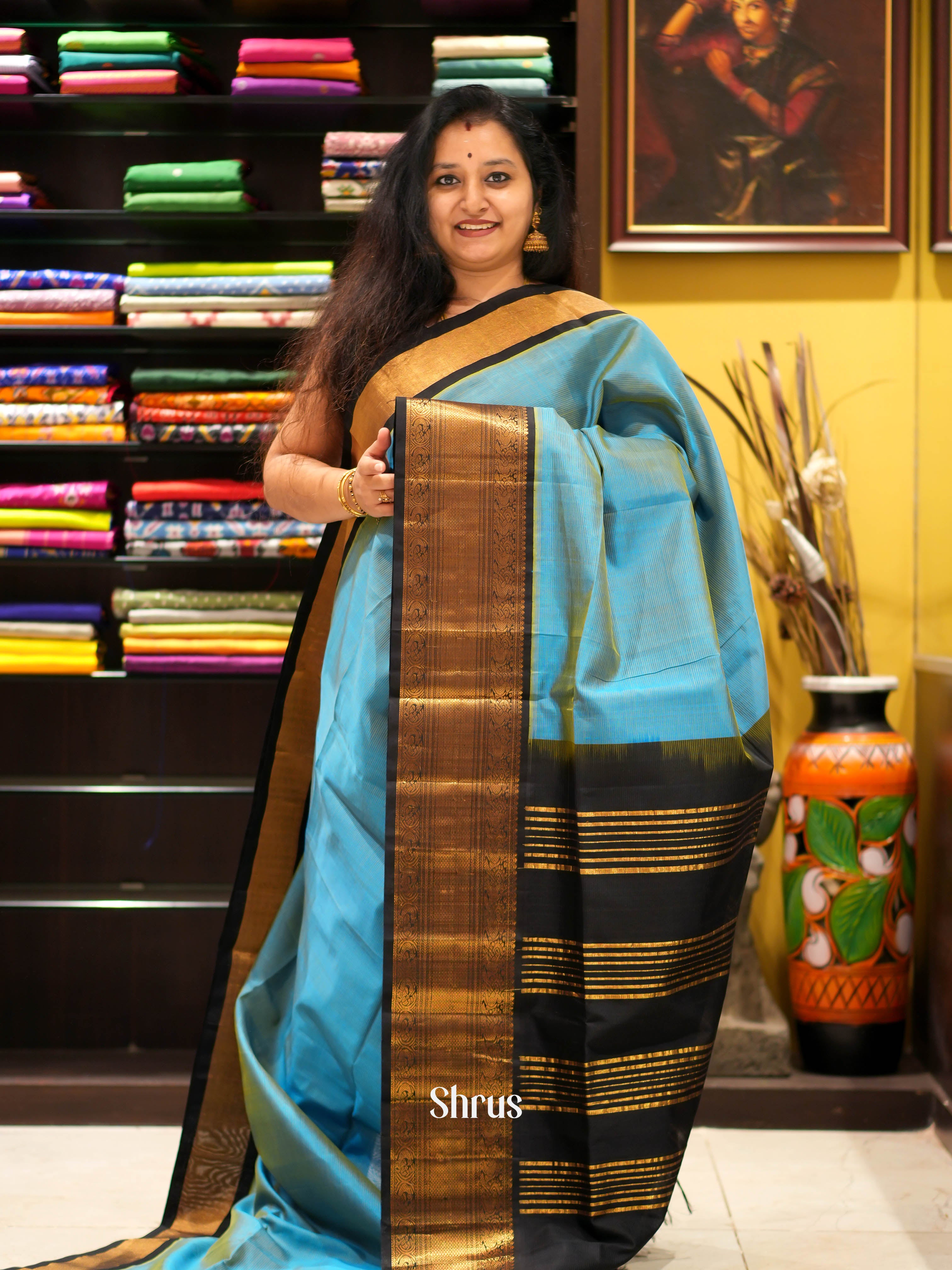 Blue & Black - Silk Cotton Saree - Shop on ShrusEternity.com