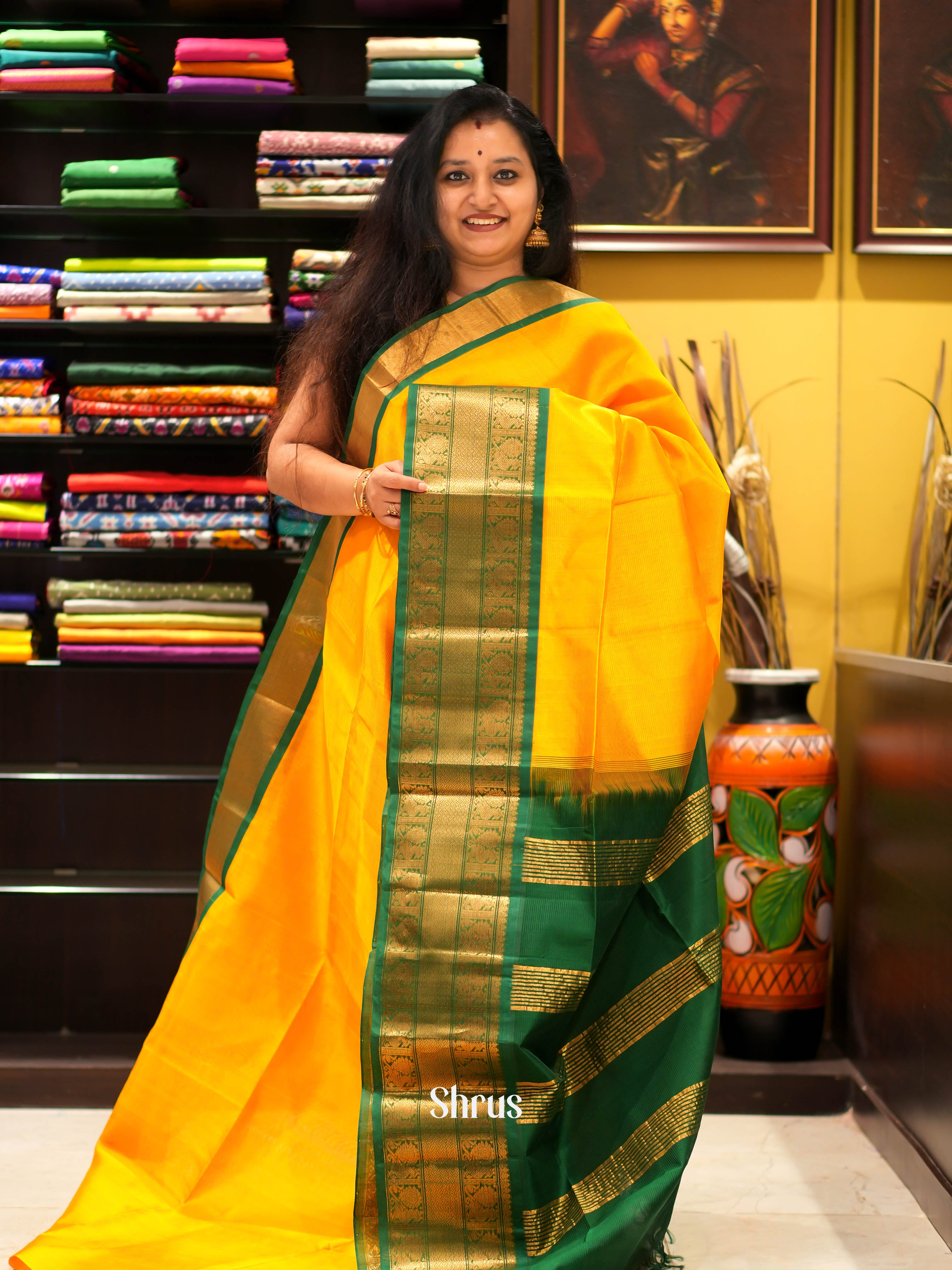 Yellow & Green - Silk Cotton Saree - Shop on ShrusEternity.com