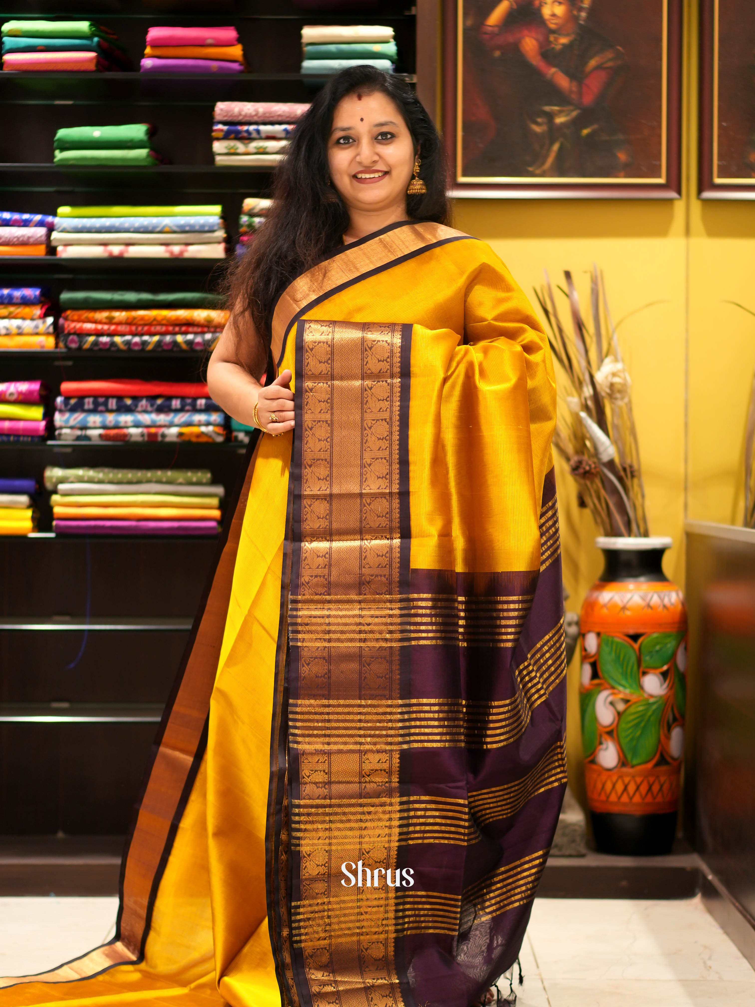 Mustard & Brown- Silk Cotton Saree - Shop on ShrusEternity.com
