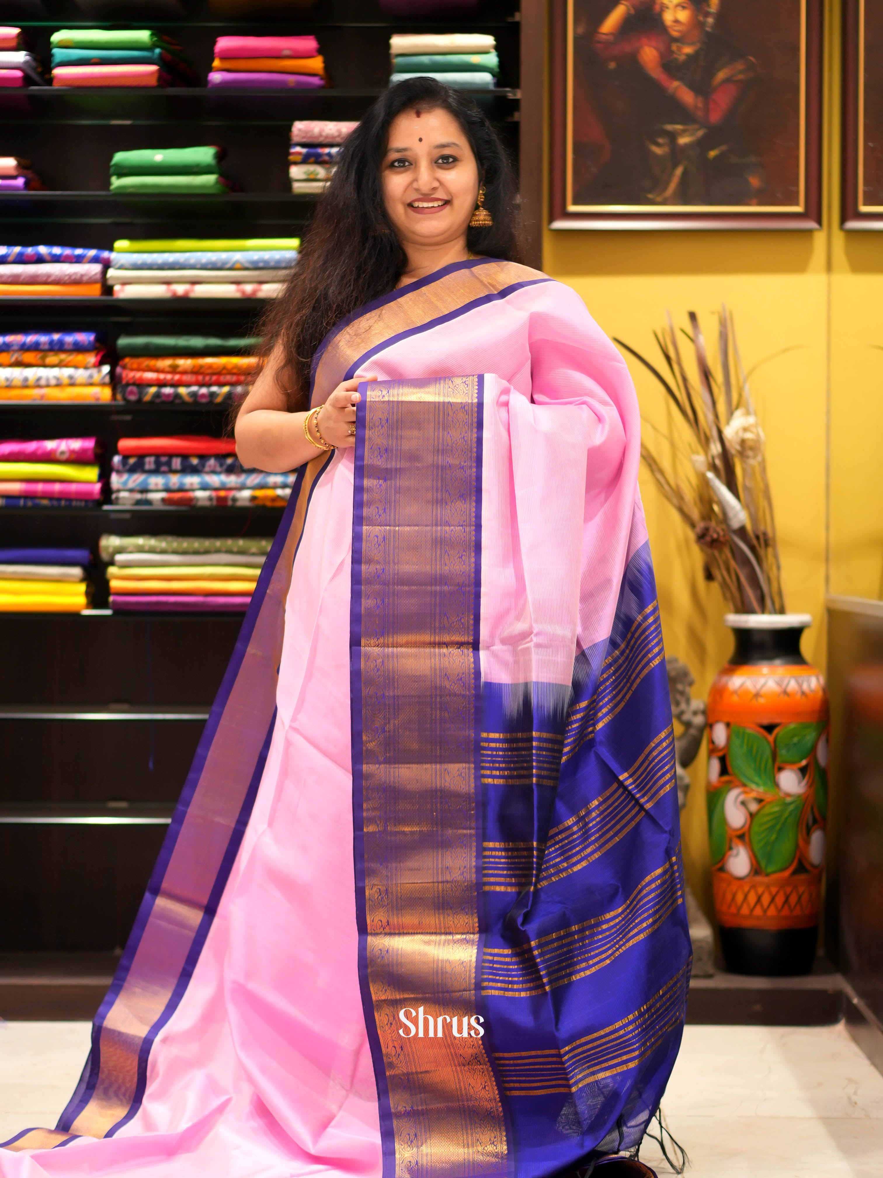 Pink & Blue - Silk Cotton Saree - Shop on ShrusEternity.com