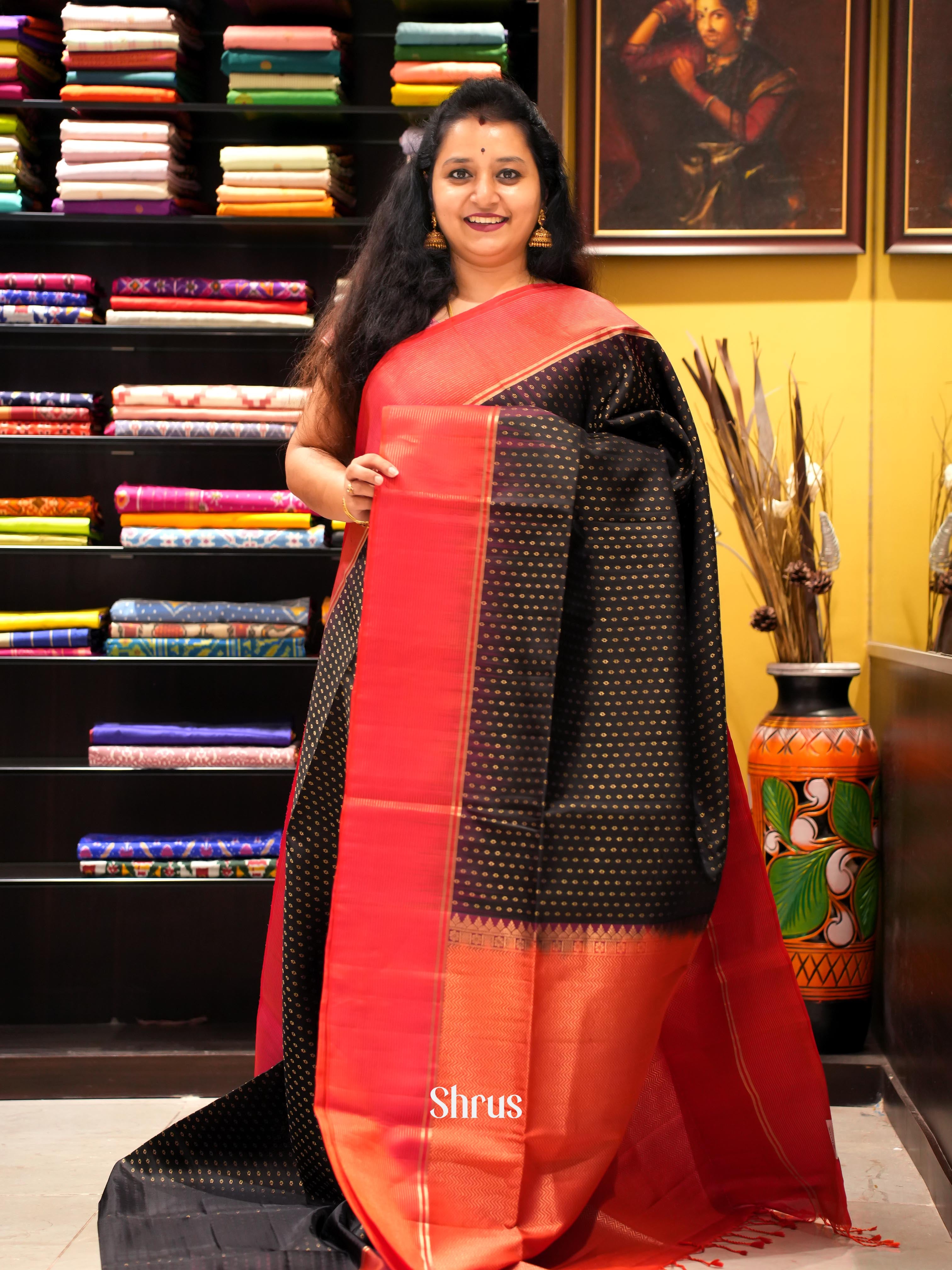 Black & Orangish Pink - Soft Silk Saree - Shop on ShrusEternity.com