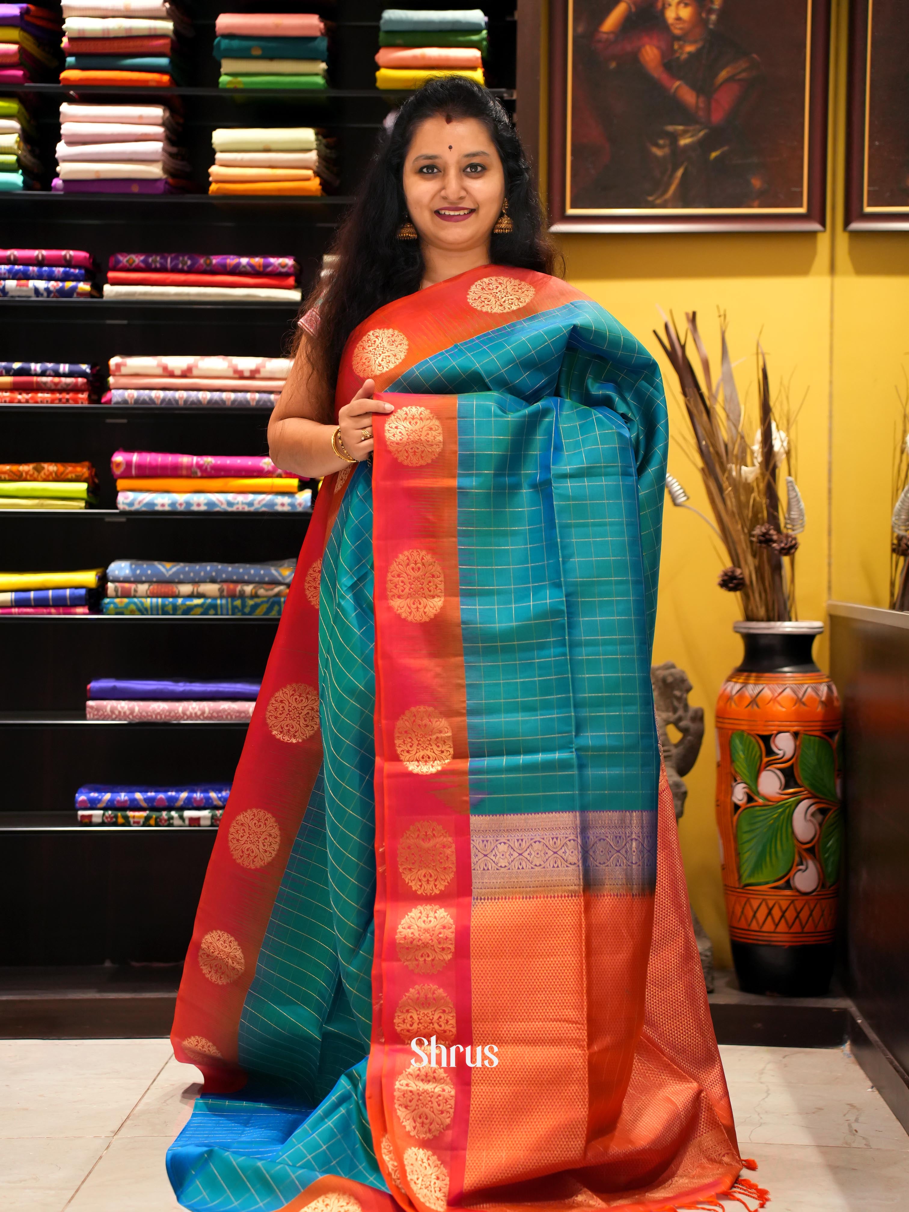 Teal Blue & Orangish Pink - Soft Silk Saree - Shop on ShrusEternity.com