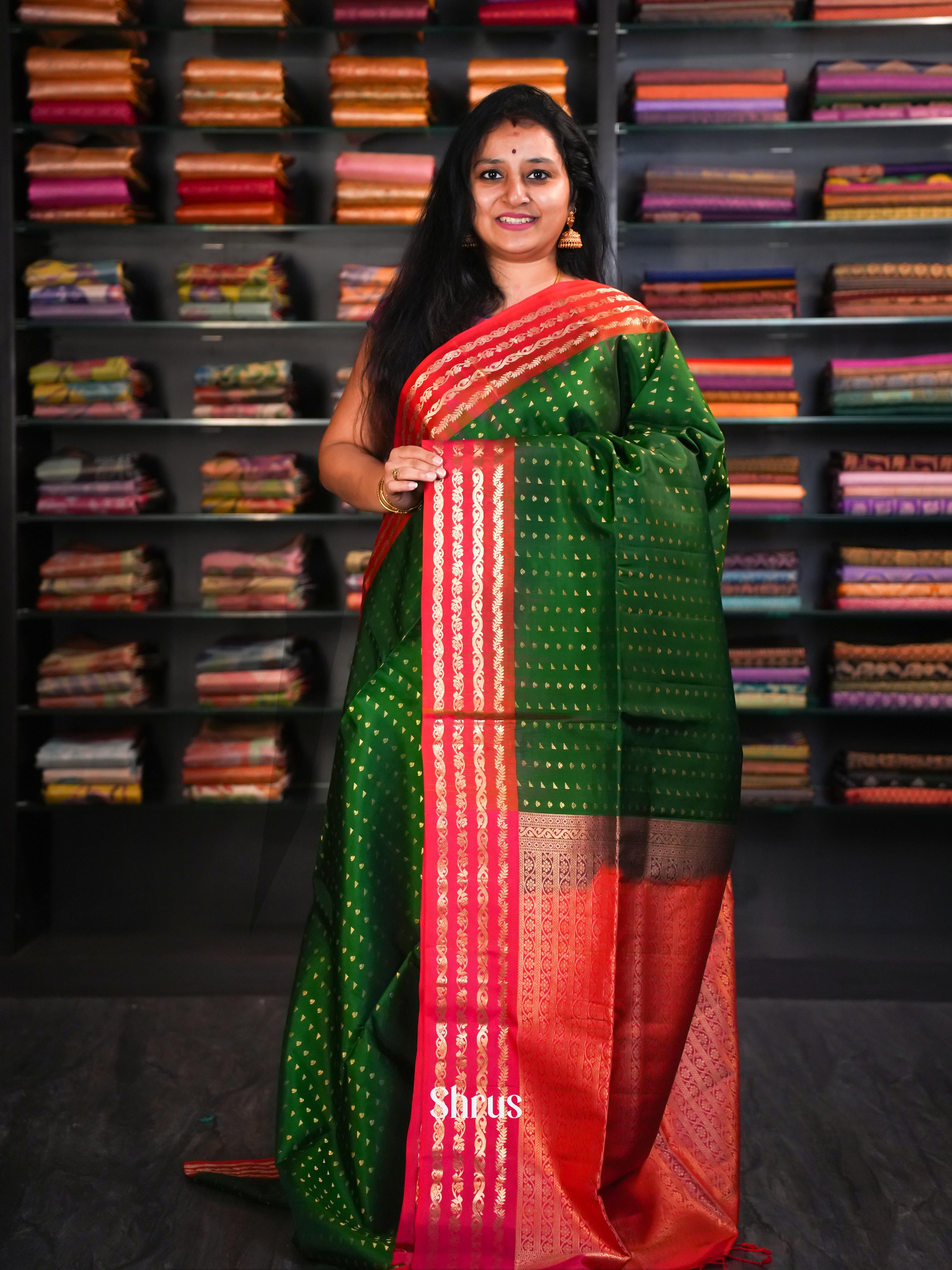 Green & Double Shaded Rosy Red - Soft Silk Saree - Shop on ShrusEternity.com
