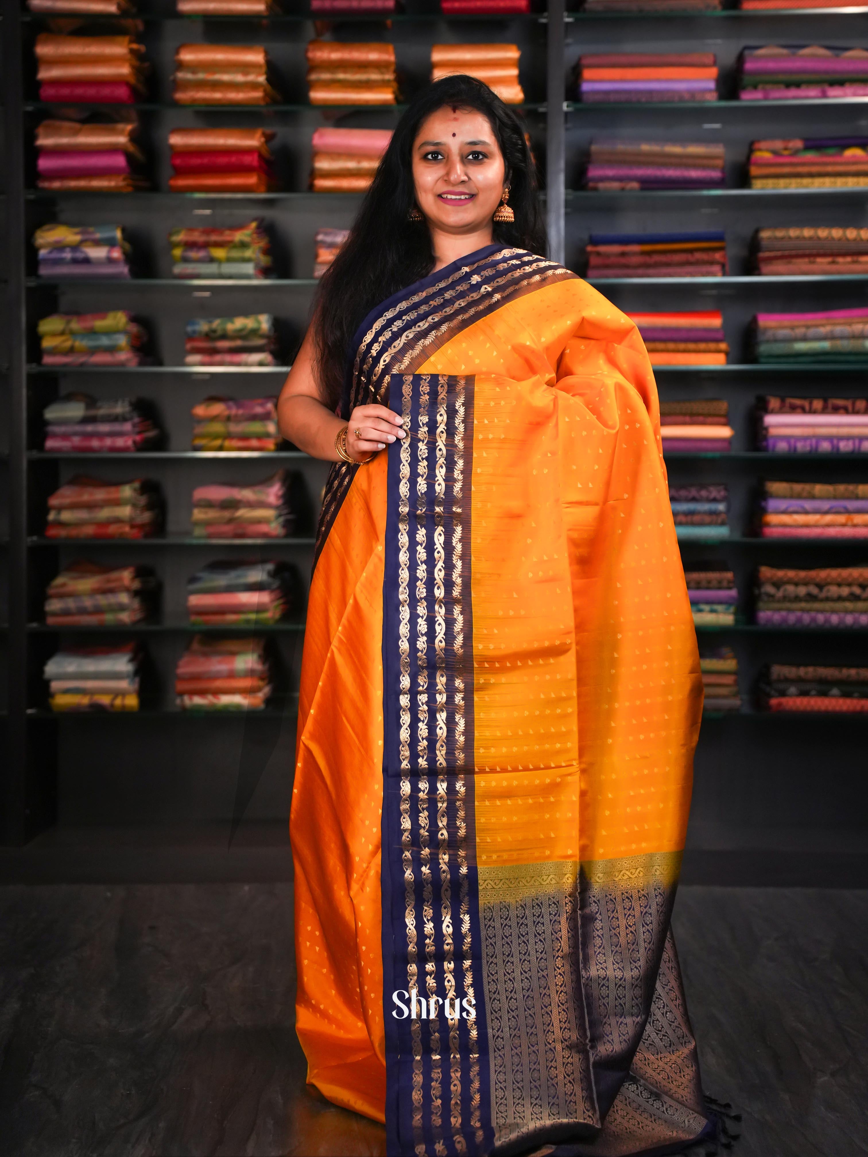 Golden Yellow & Blue - Soft Silk Saree - Shop on ShrusEternity.com
