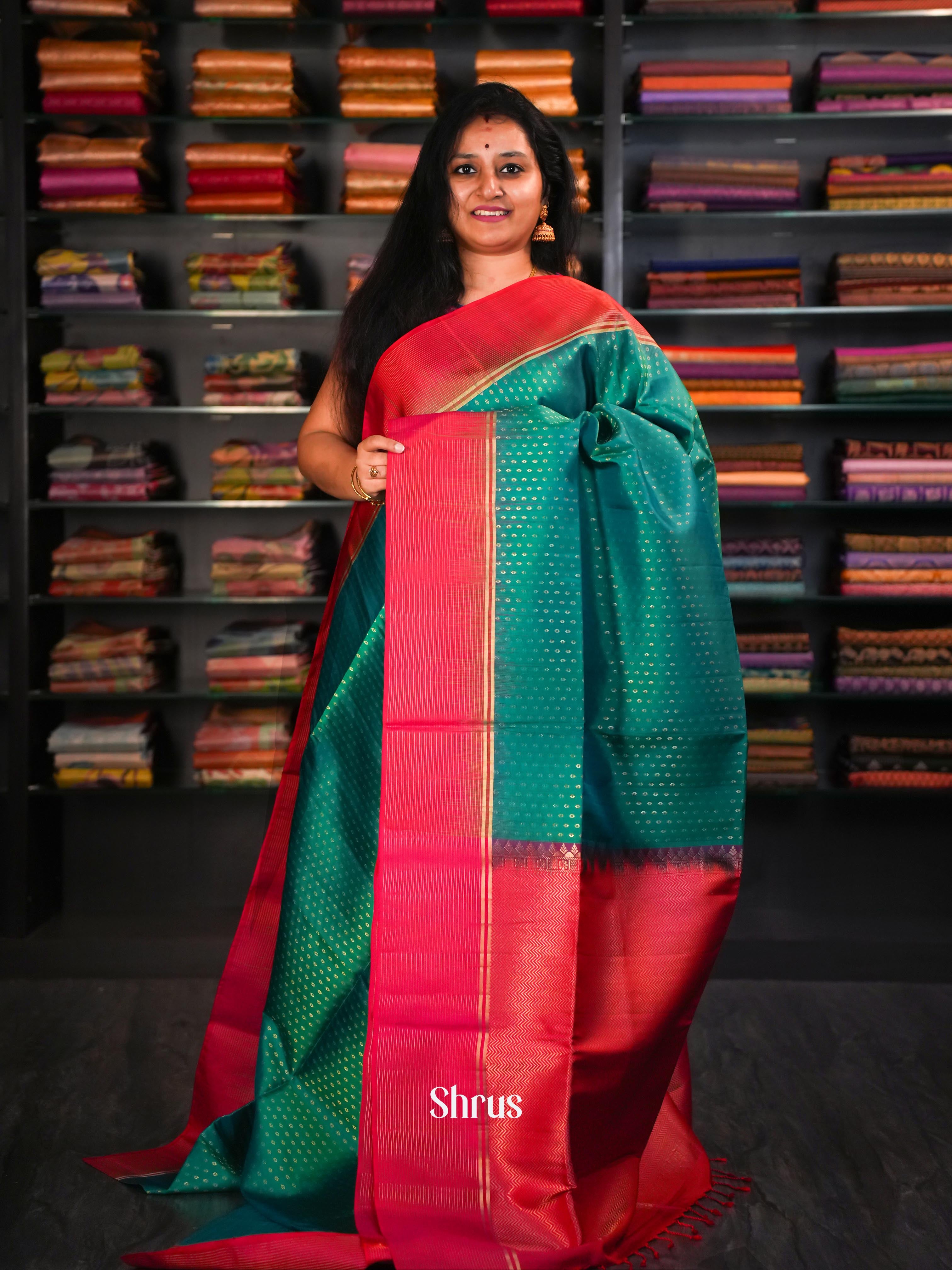 Double Shaded Rosy Red & Teal - Soft Silk Saree - Shop on ShrusEternity.com
