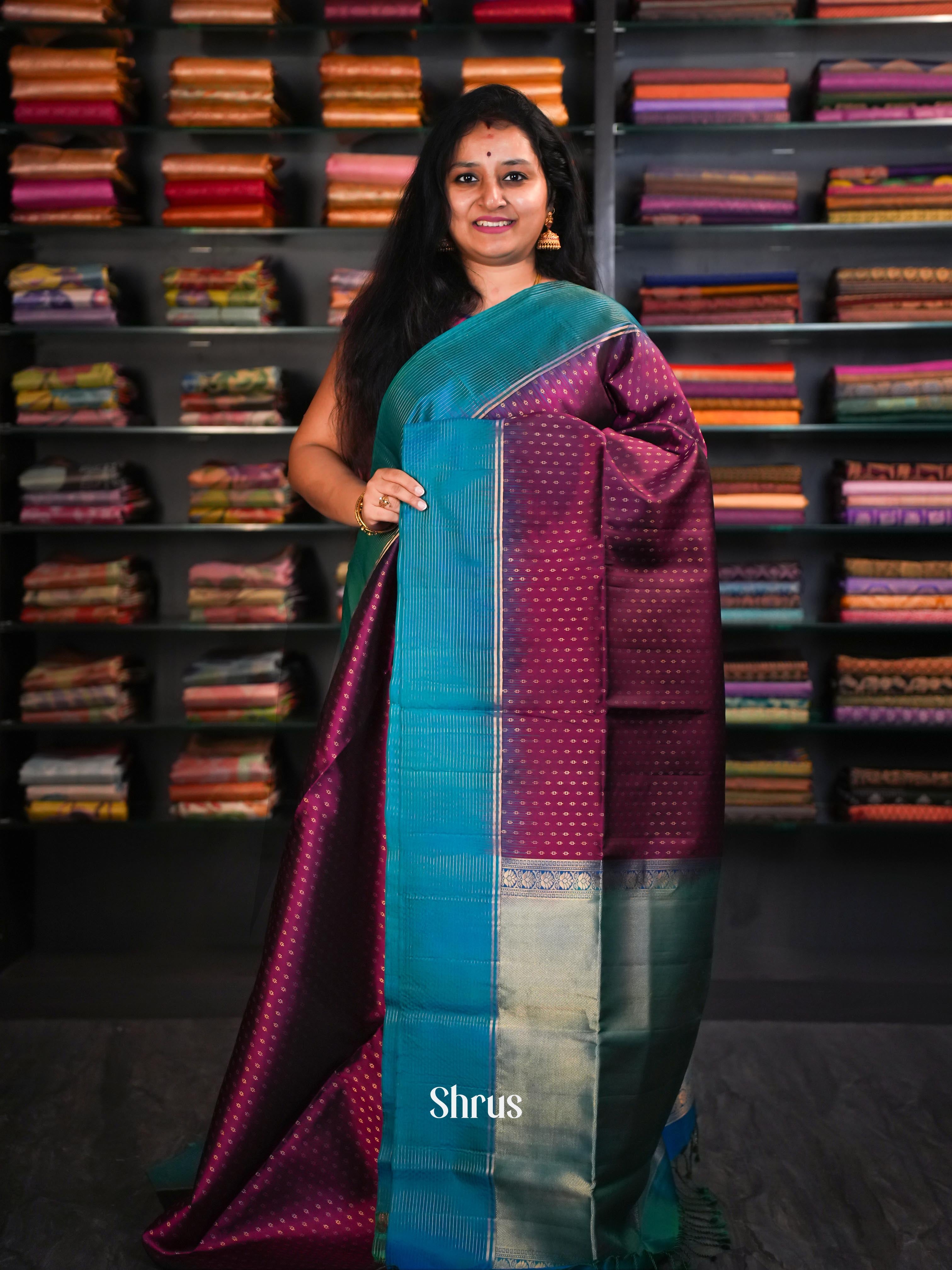 Pinkish Maroon & Double Shaded Greenish Blue - Soft Silk Saree - Shop on ShrusEternity.com
