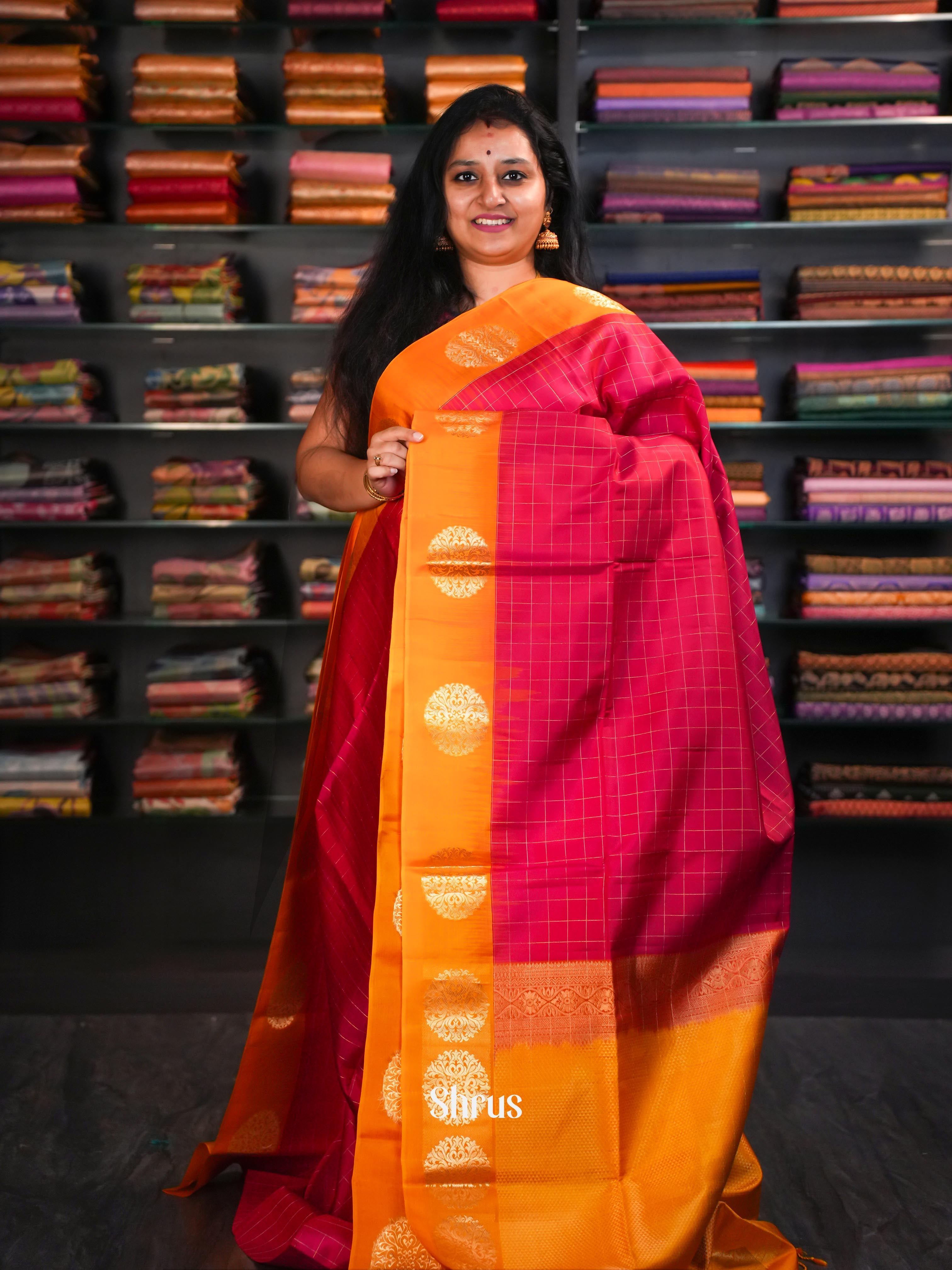 Rosy Red & Golden Orange - Soft Silk Saree - Shop on ShrusEternity.com