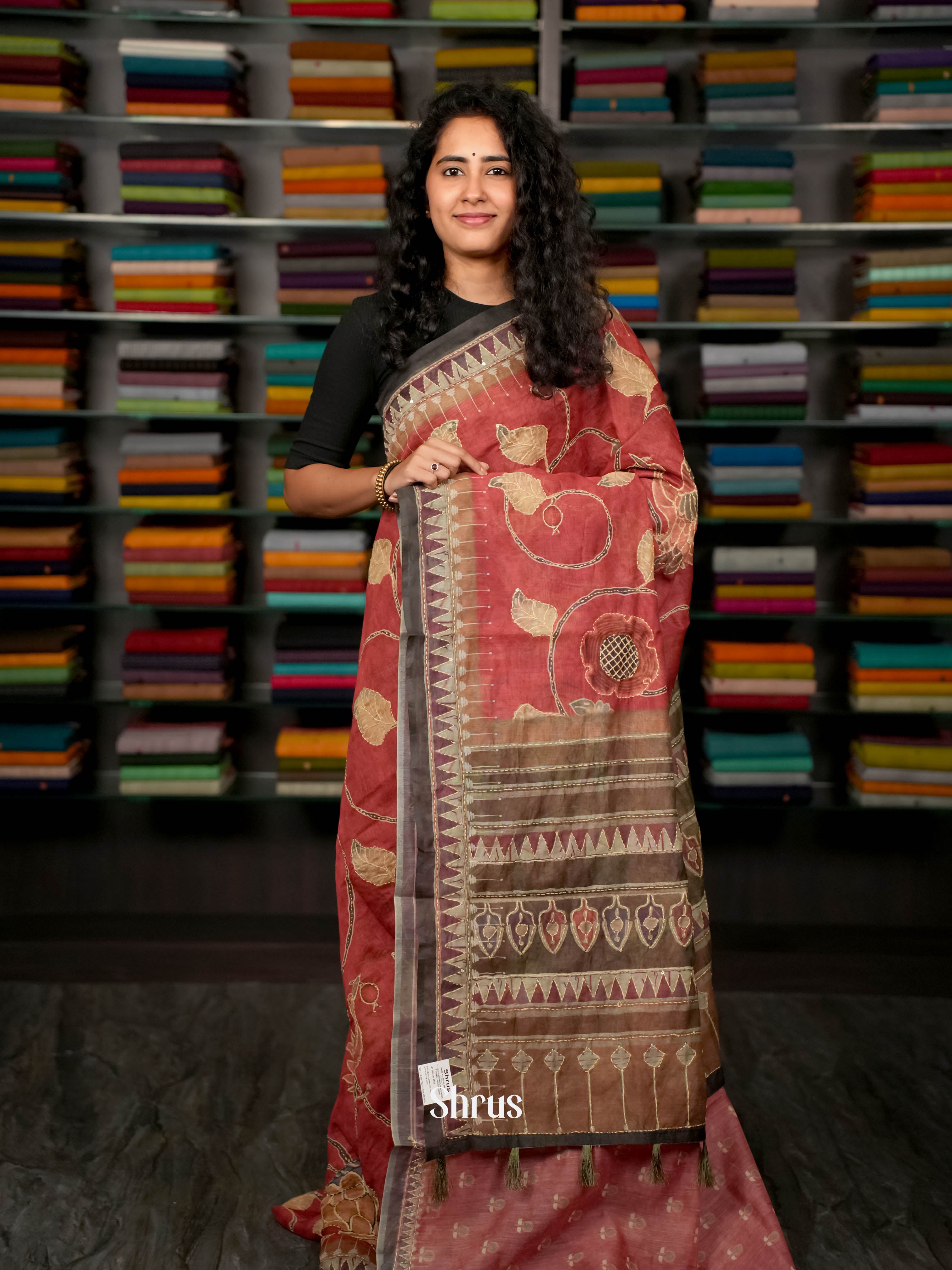 Red & Brown - Semi Kantha Saree - Shop on ShrusEternity.com