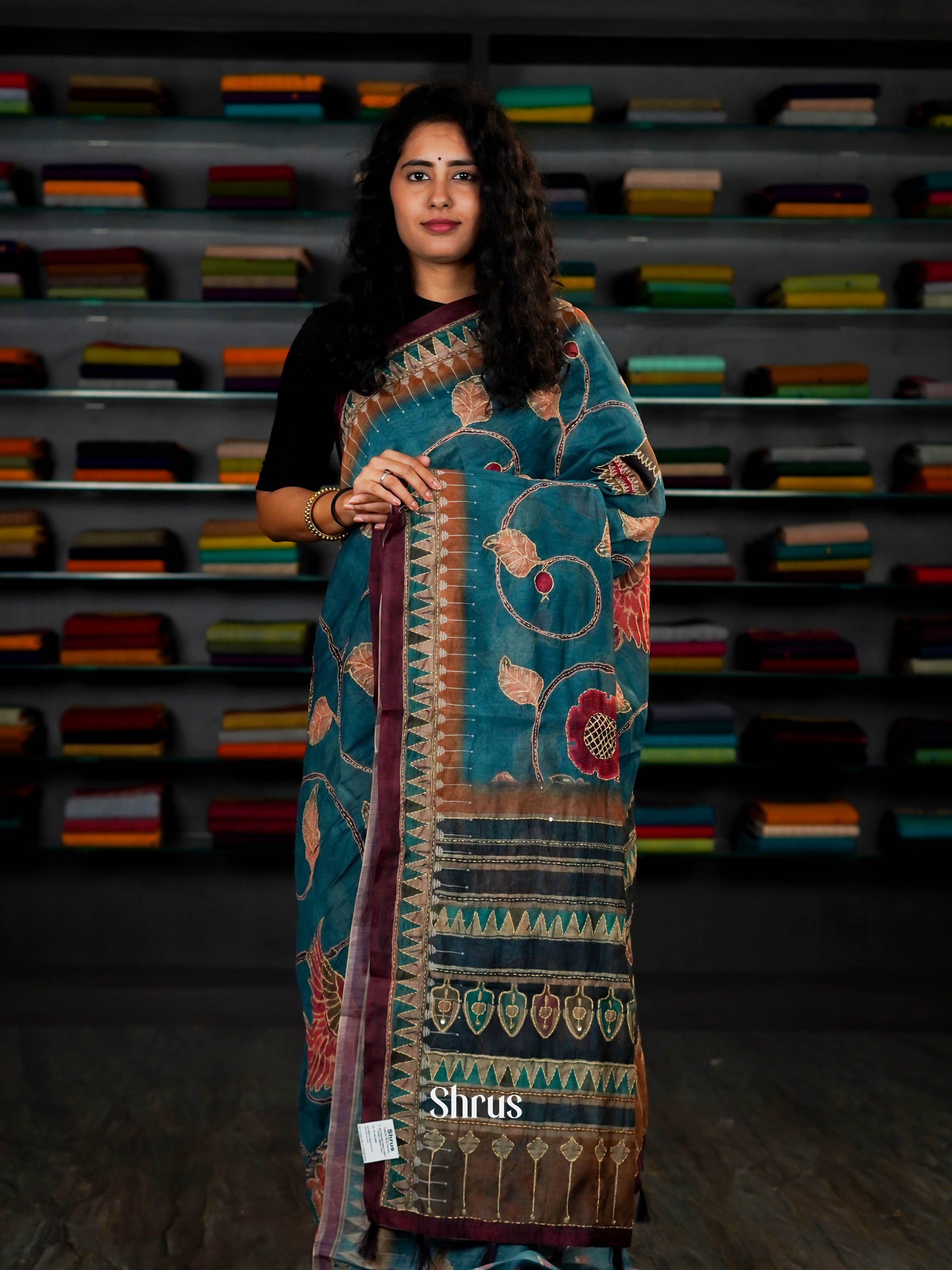 Teal - Semi Kantha Saree - Shop on ShrusEternity.com