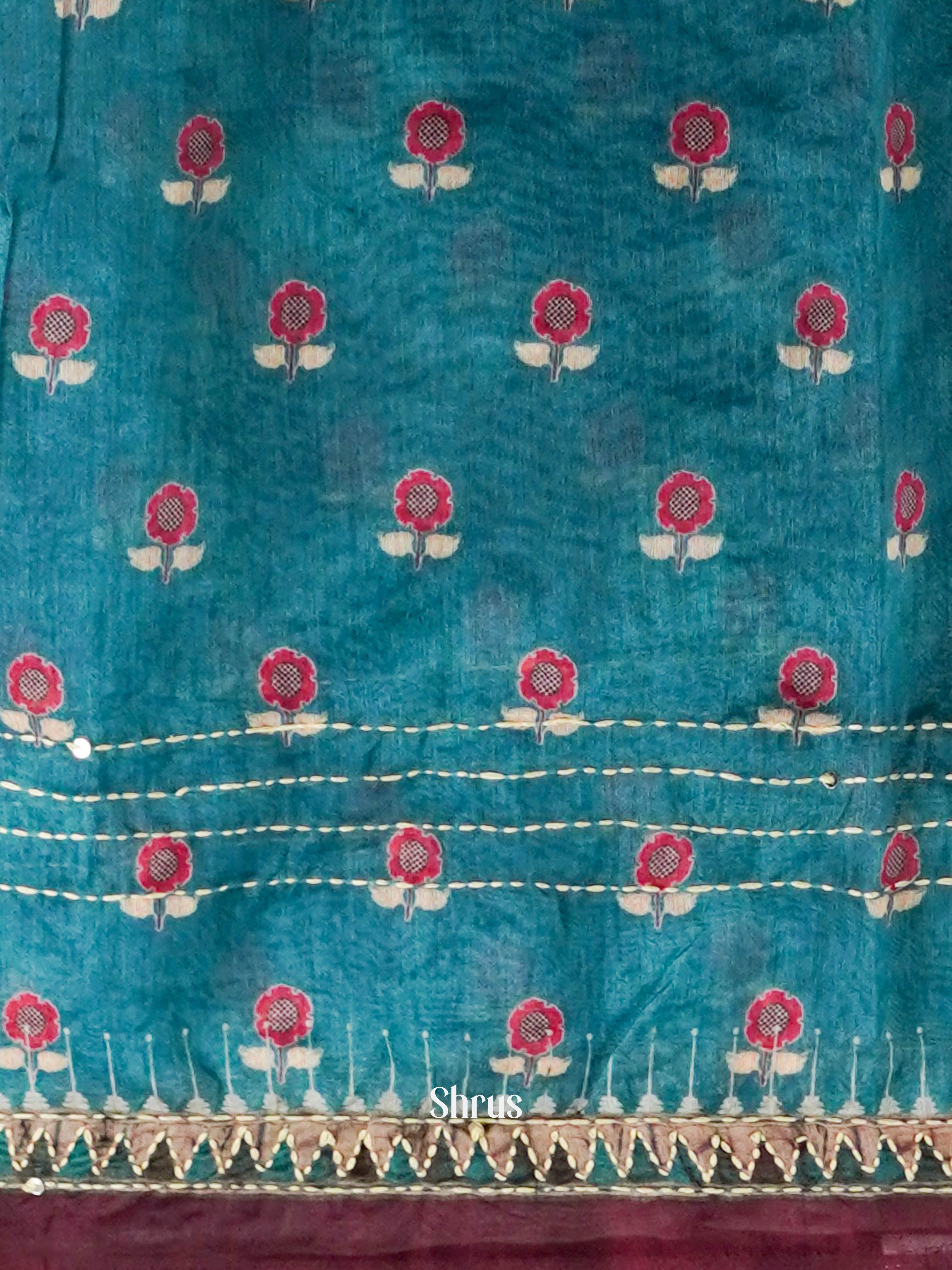 Teal - Semi Kantha Saree - Shop on ShrusEternity.com