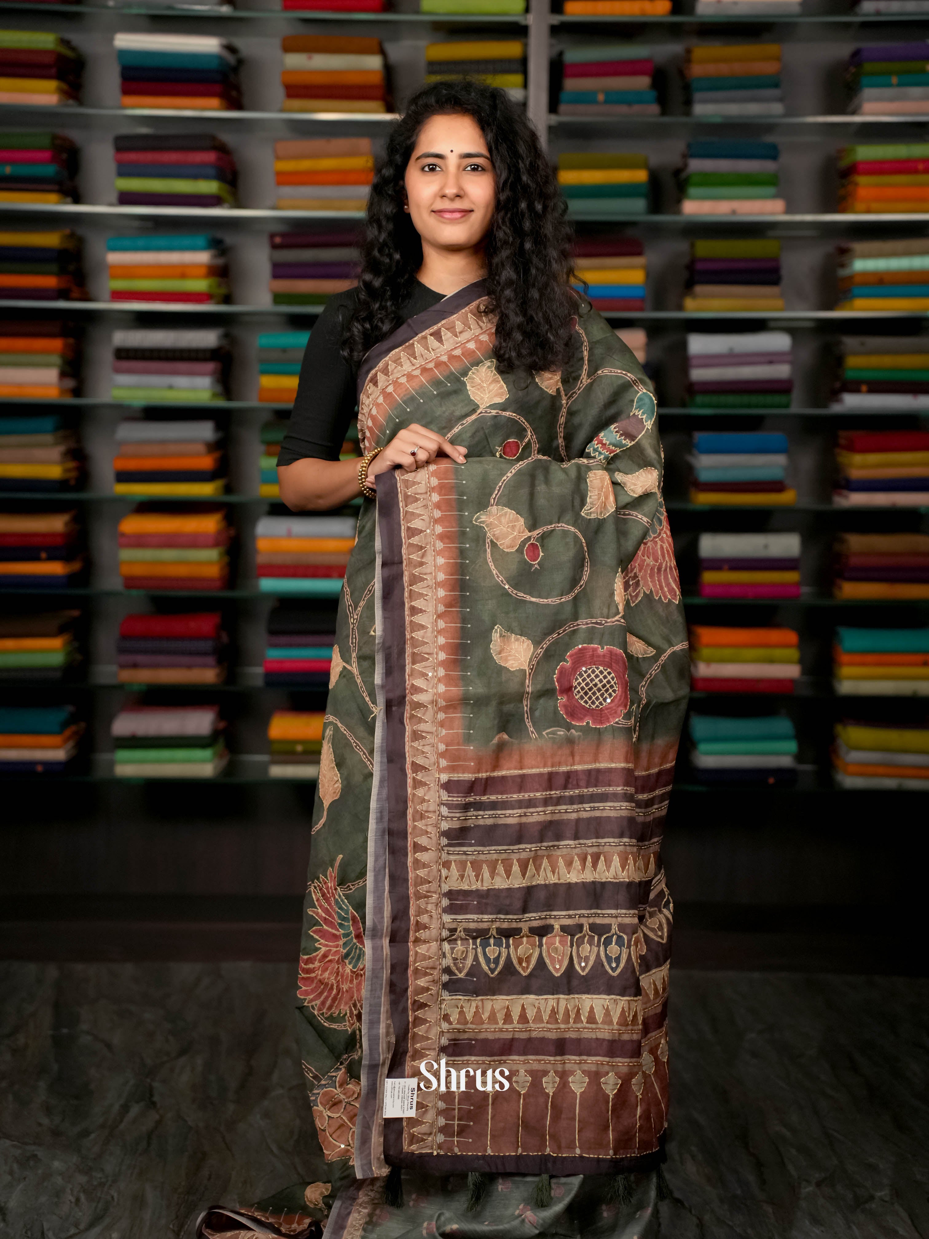 Green & Brown - Semi Kantha Saree - Shop on ShrusEternity.com