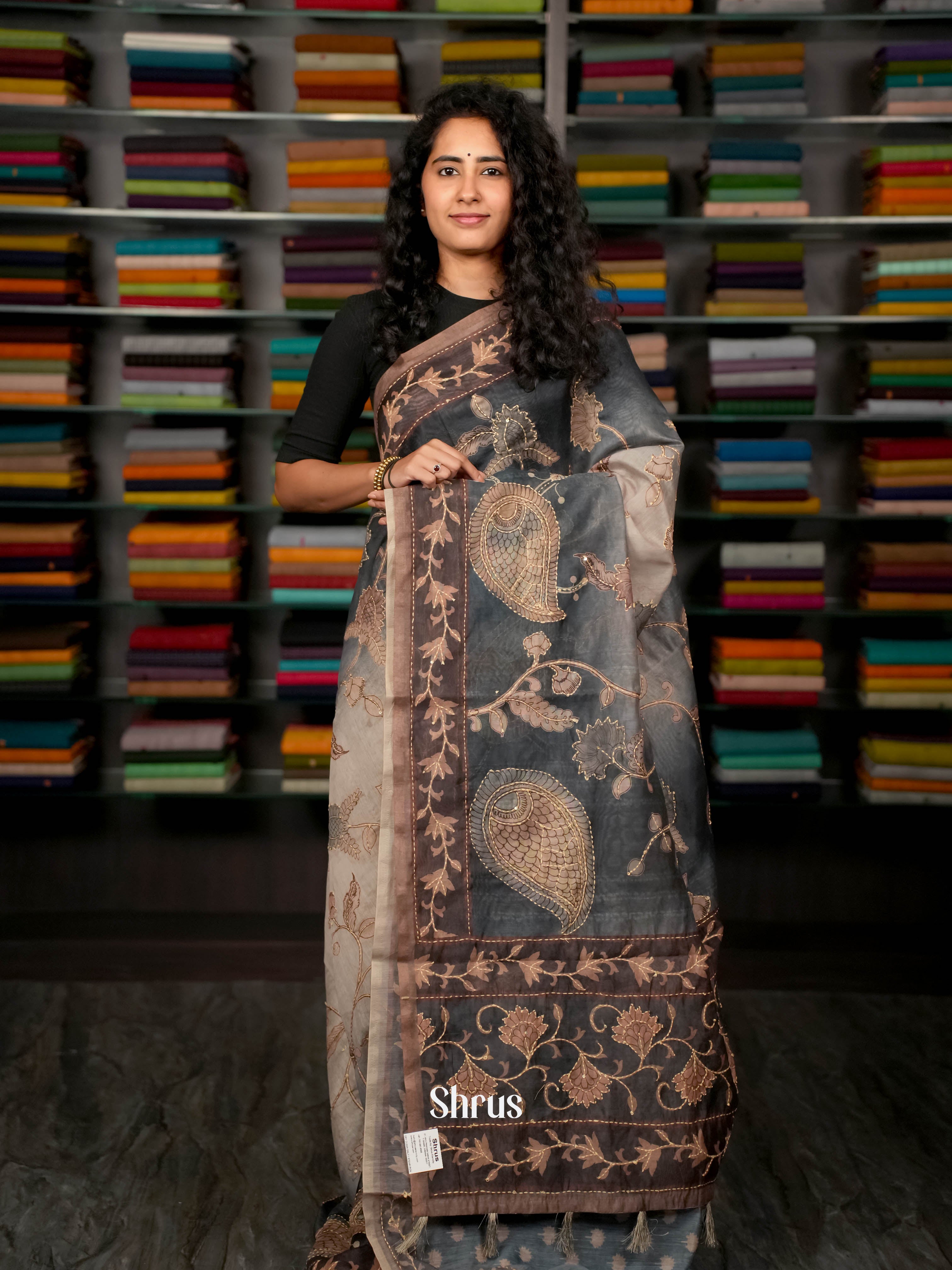 Grey& Brown - Semi Kantha Saree - Shop on ShrusEternity.com