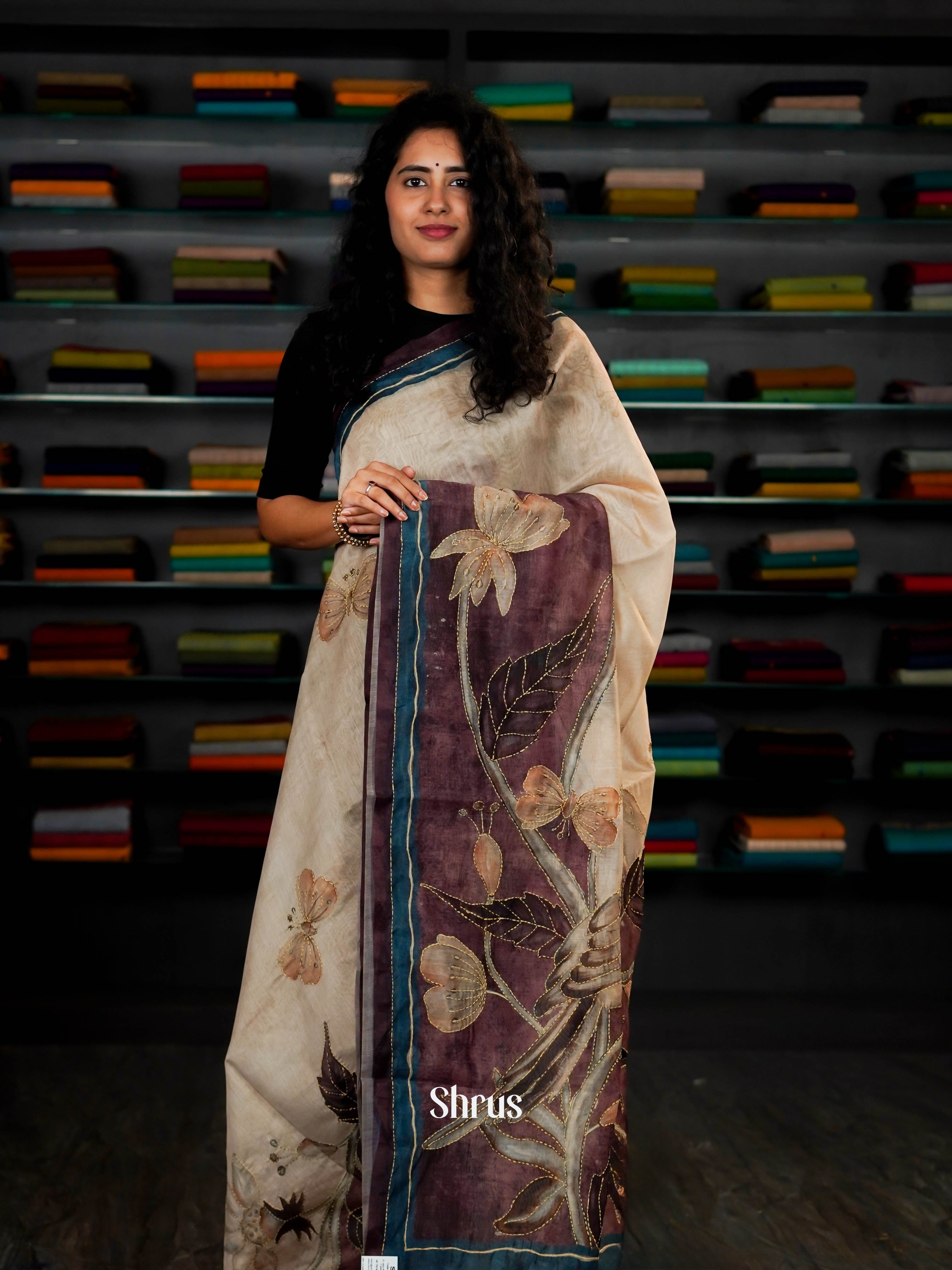 Cream & Blue - Semi Kantha Saree - Shop on ShrusEternity.com