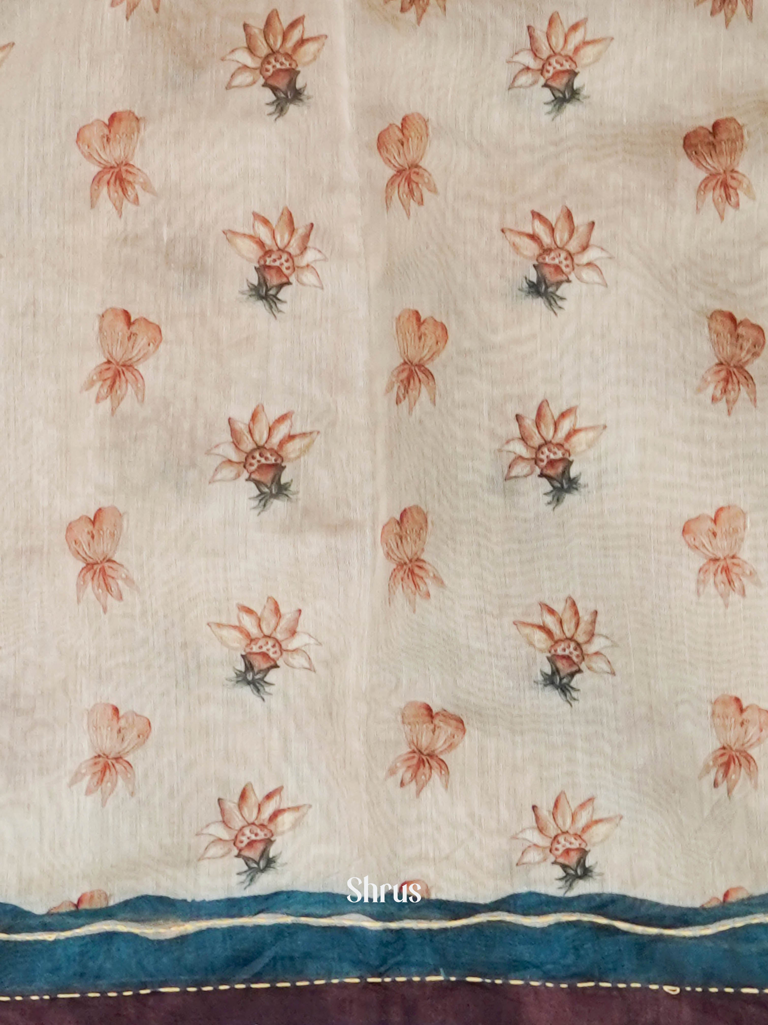 Cream & Blue - Semi Kantha Saree - Shop on ShrusEternity.com