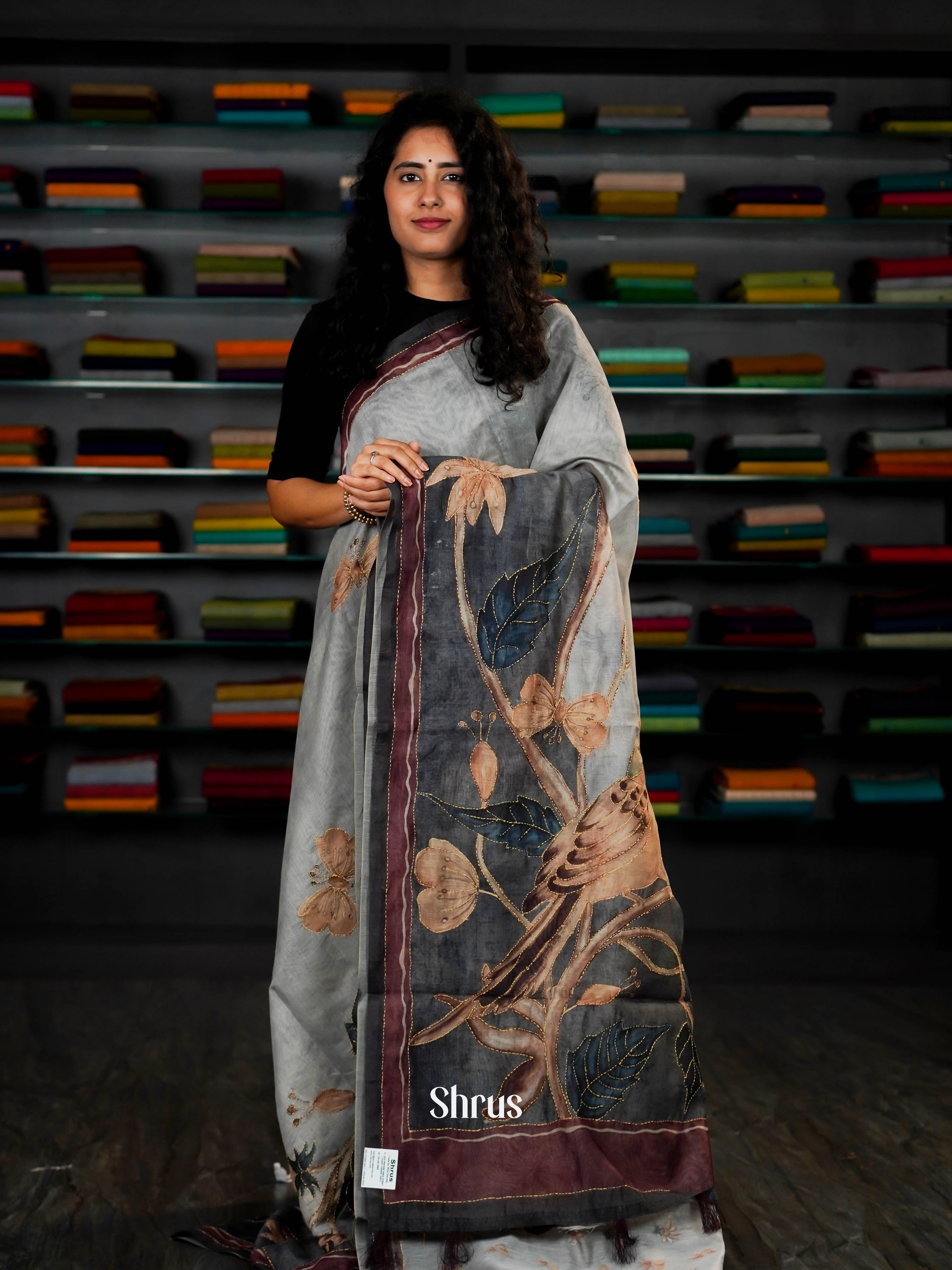 Greyish White - Semi Kantha Saree - Shop on ShrusEternity.com