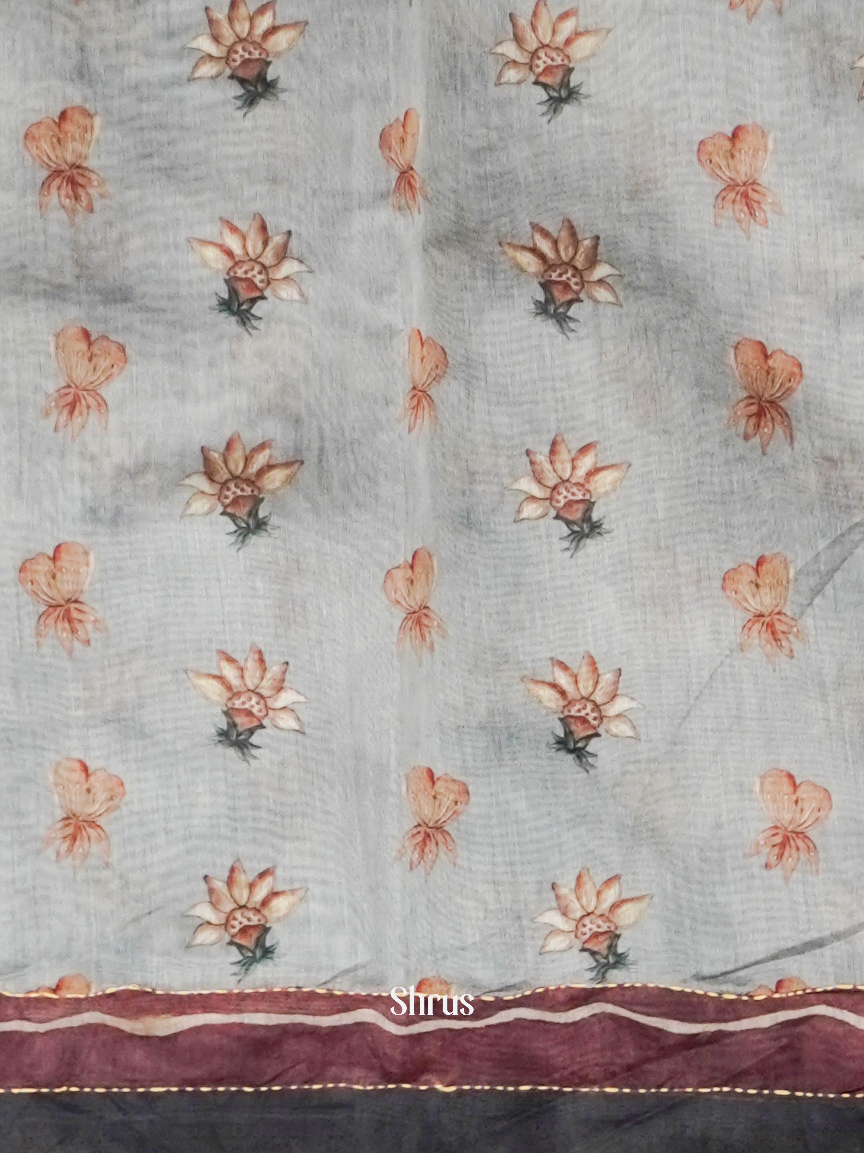 Greyish White - Semi Kantha Saree - Shop on ShrusEternity.com