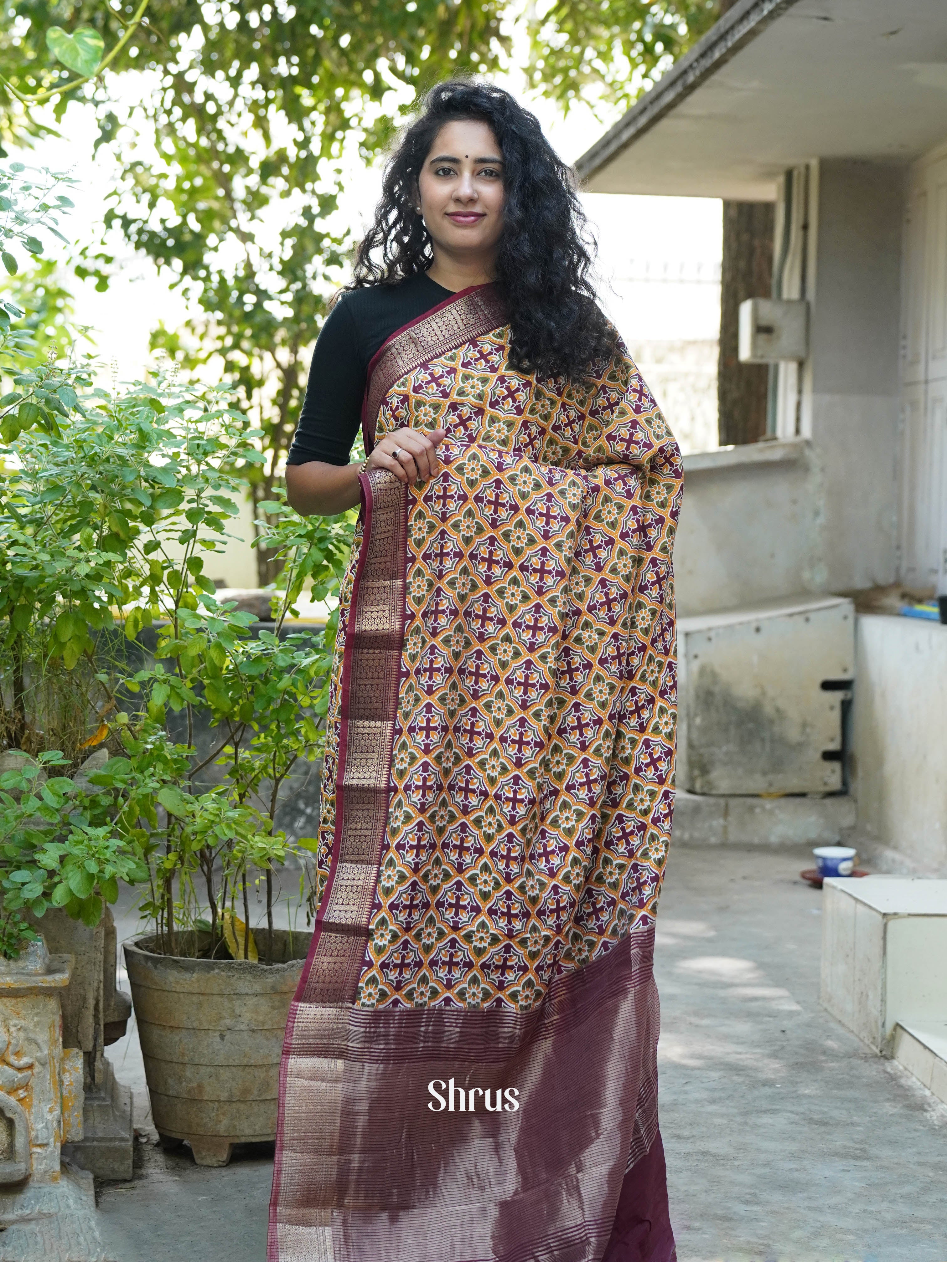 Mustard & Maroon - Art Modal Saree - Shop on ShrusEternity.com
