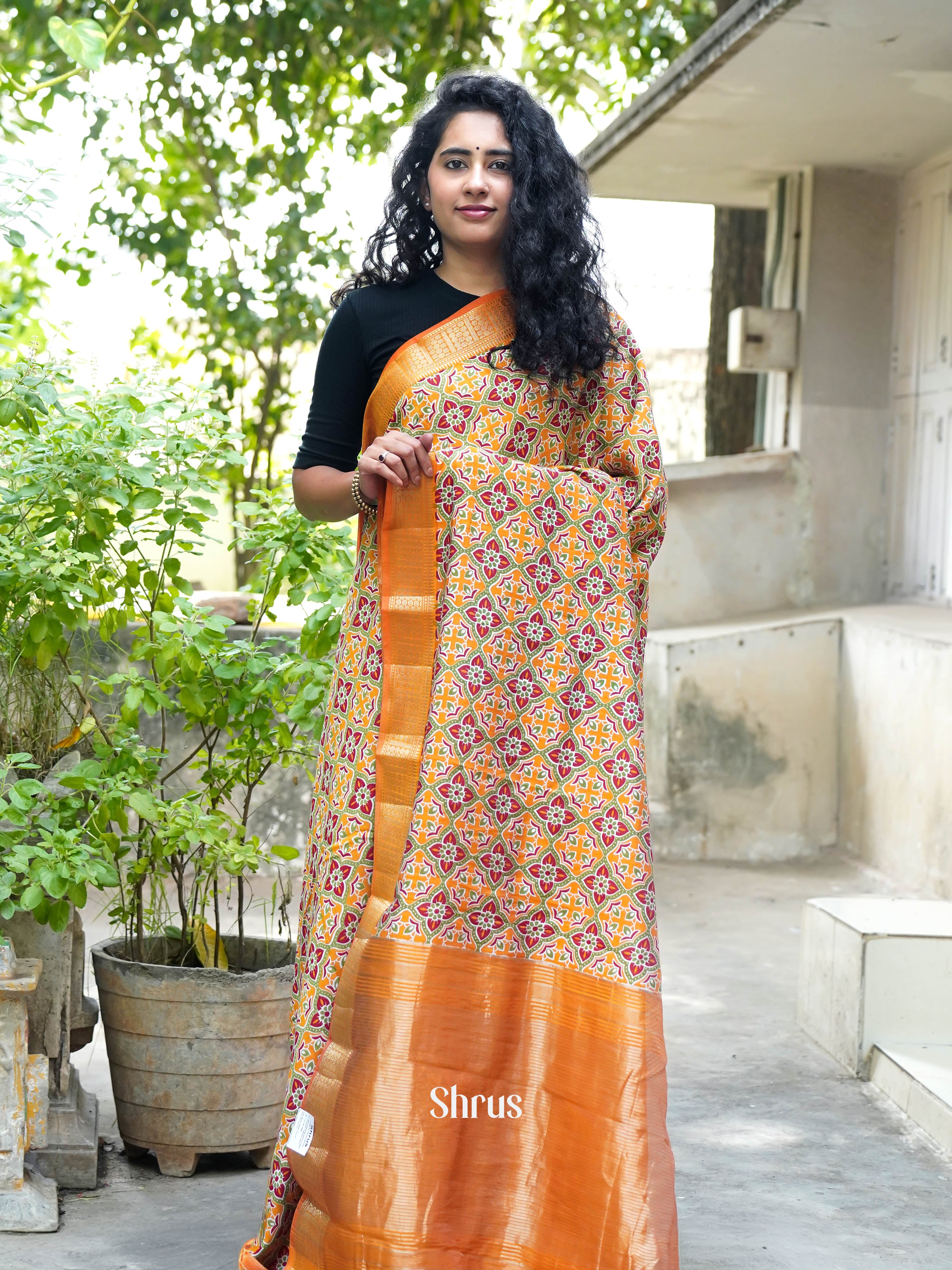 Yellowish Orange & Orange - Art modal Saree - Shop on ShrusEternity.com