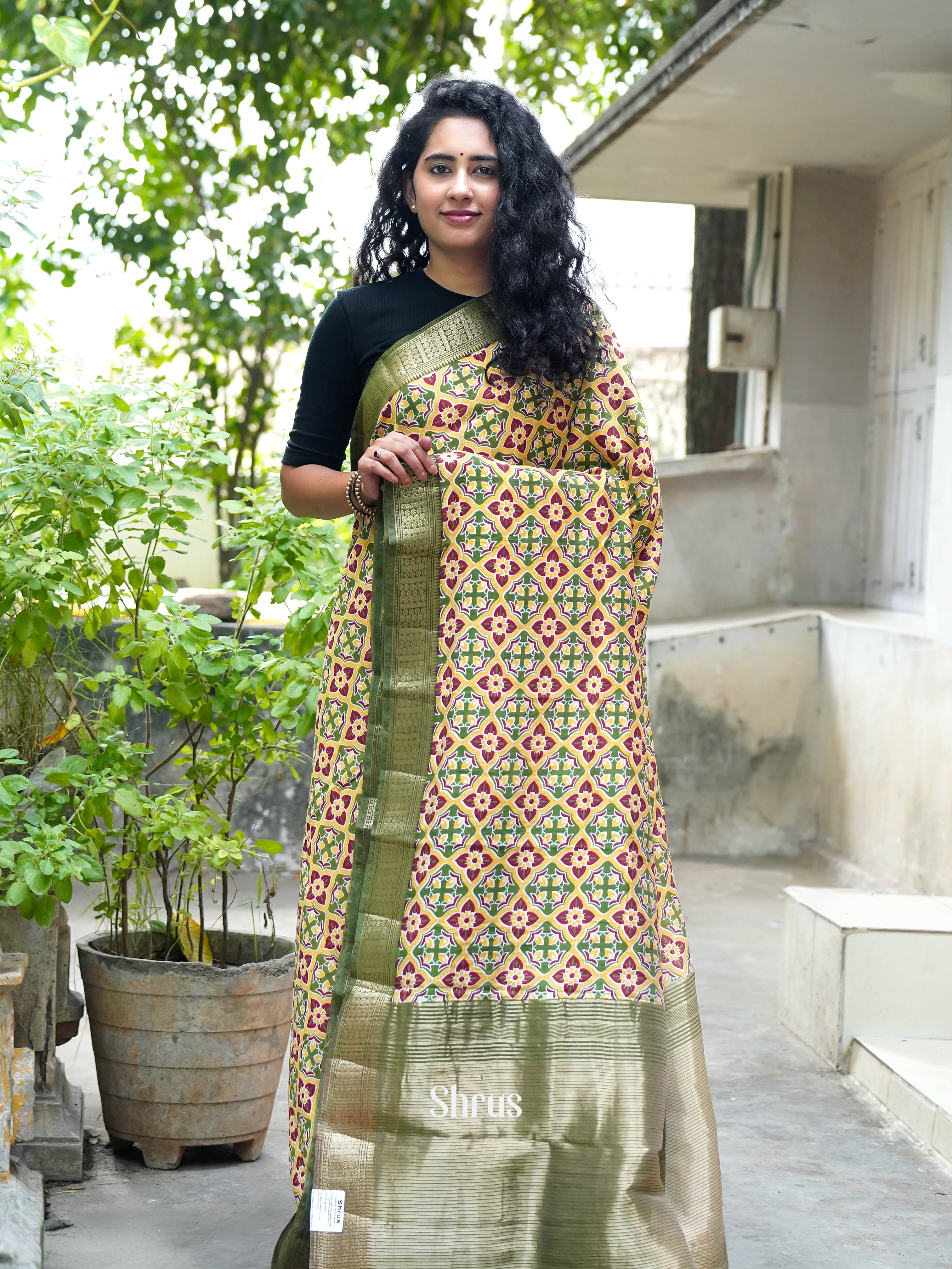 Yellow & Green - Art modal Saree - Shop on ShrusEternity.com