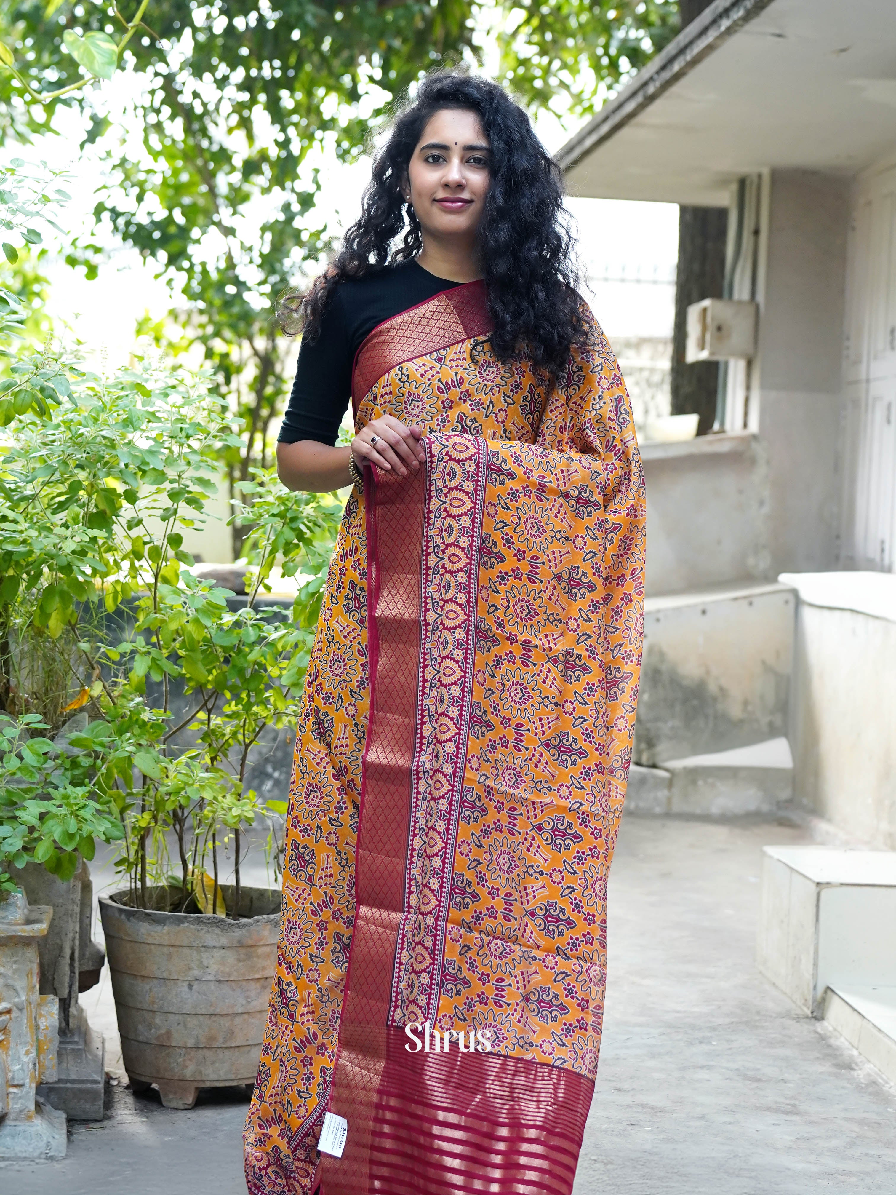 Mustard Yellow & Red - Art modal Saree - Shop on ShrusEternity.com