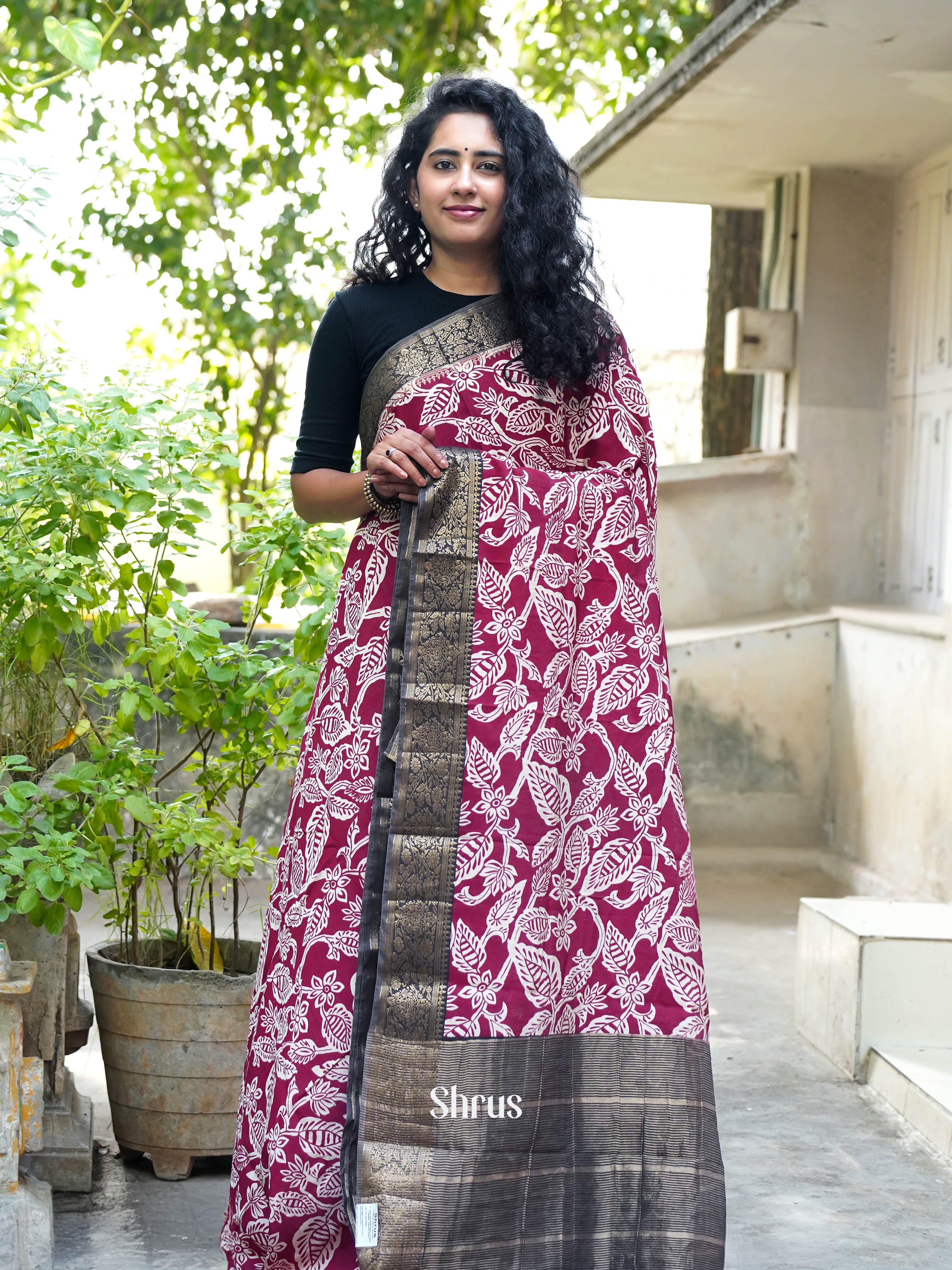 Rosy Red & Brown - Art modal Saree - Shop on ShrusEternity.com