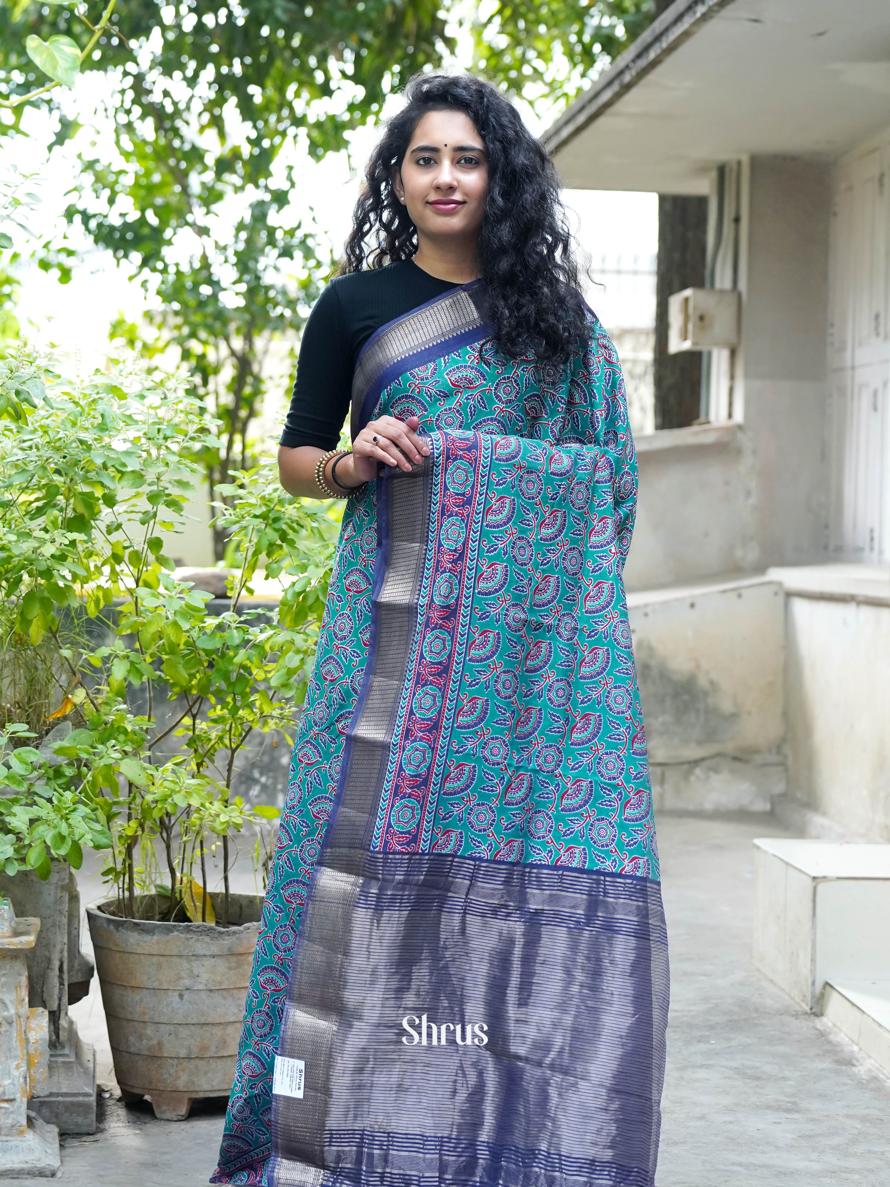 Bluish Green & Light Navy Blue - Art modal Saree - Shop on ShrusEternity.com