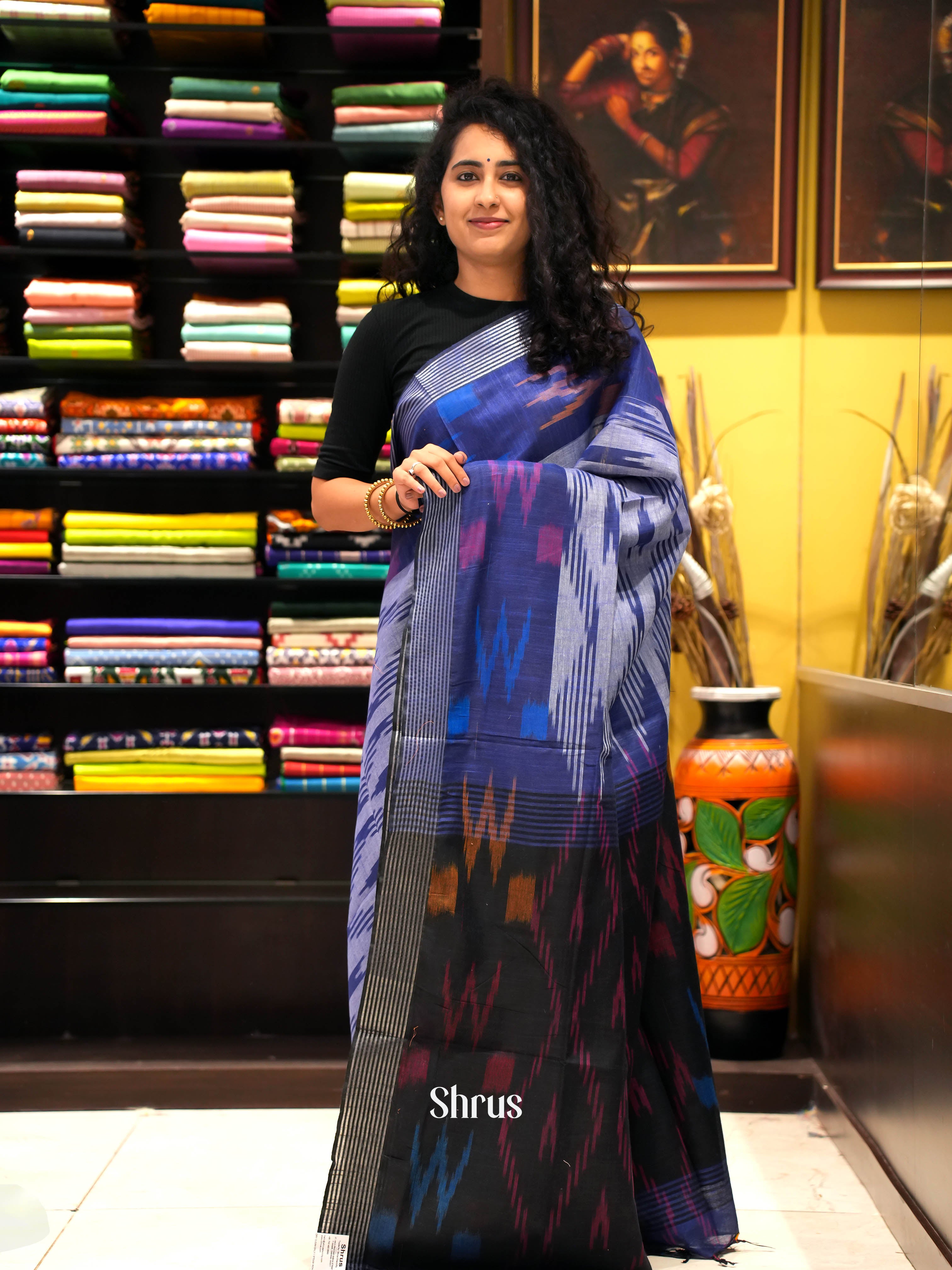 Blue & Black - semi ikkat Saree - Shop on ShrusEternity.com