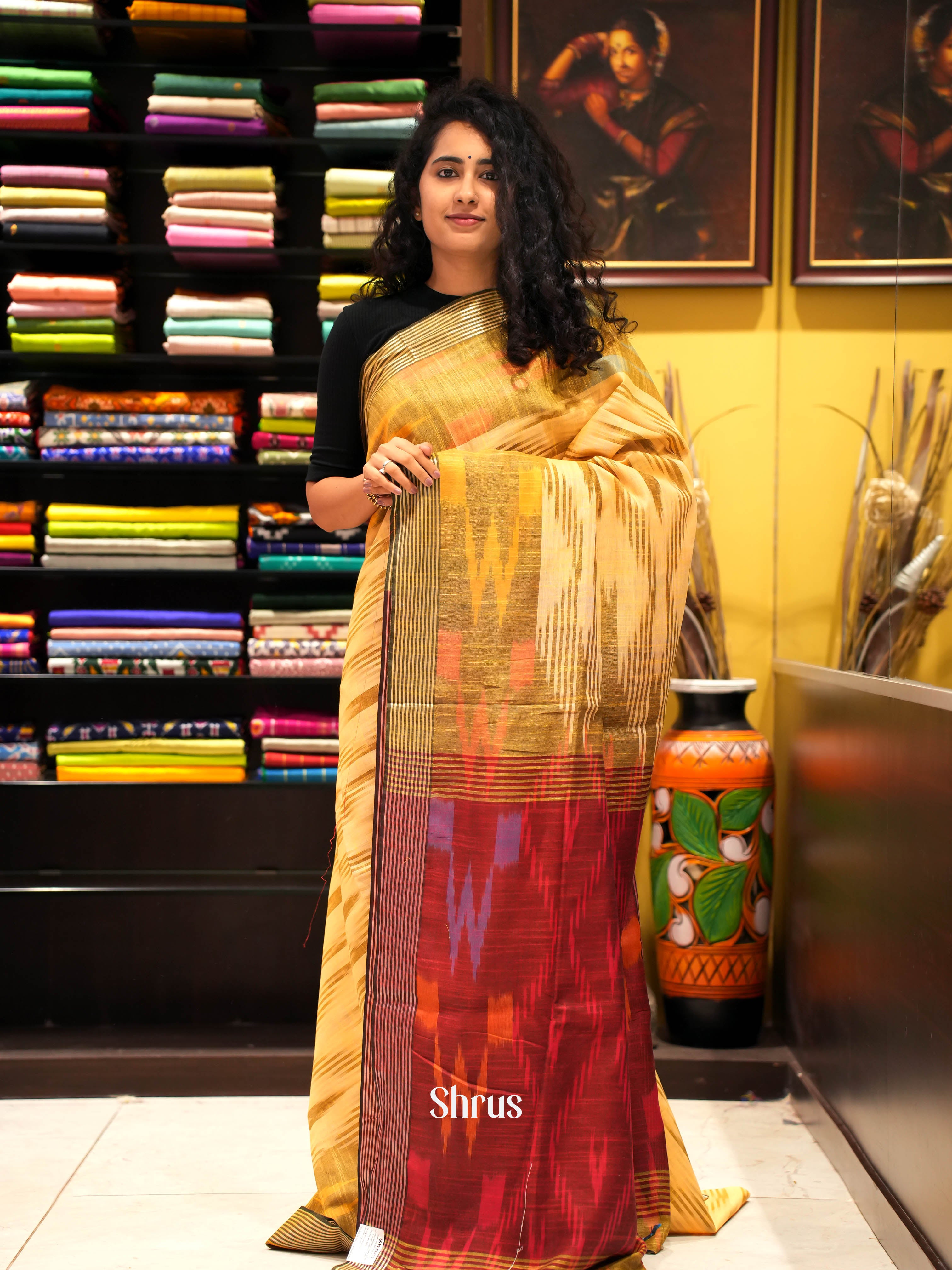 Yellow & Red - semi ikkat Saree - Shop on ShrusEternity.com