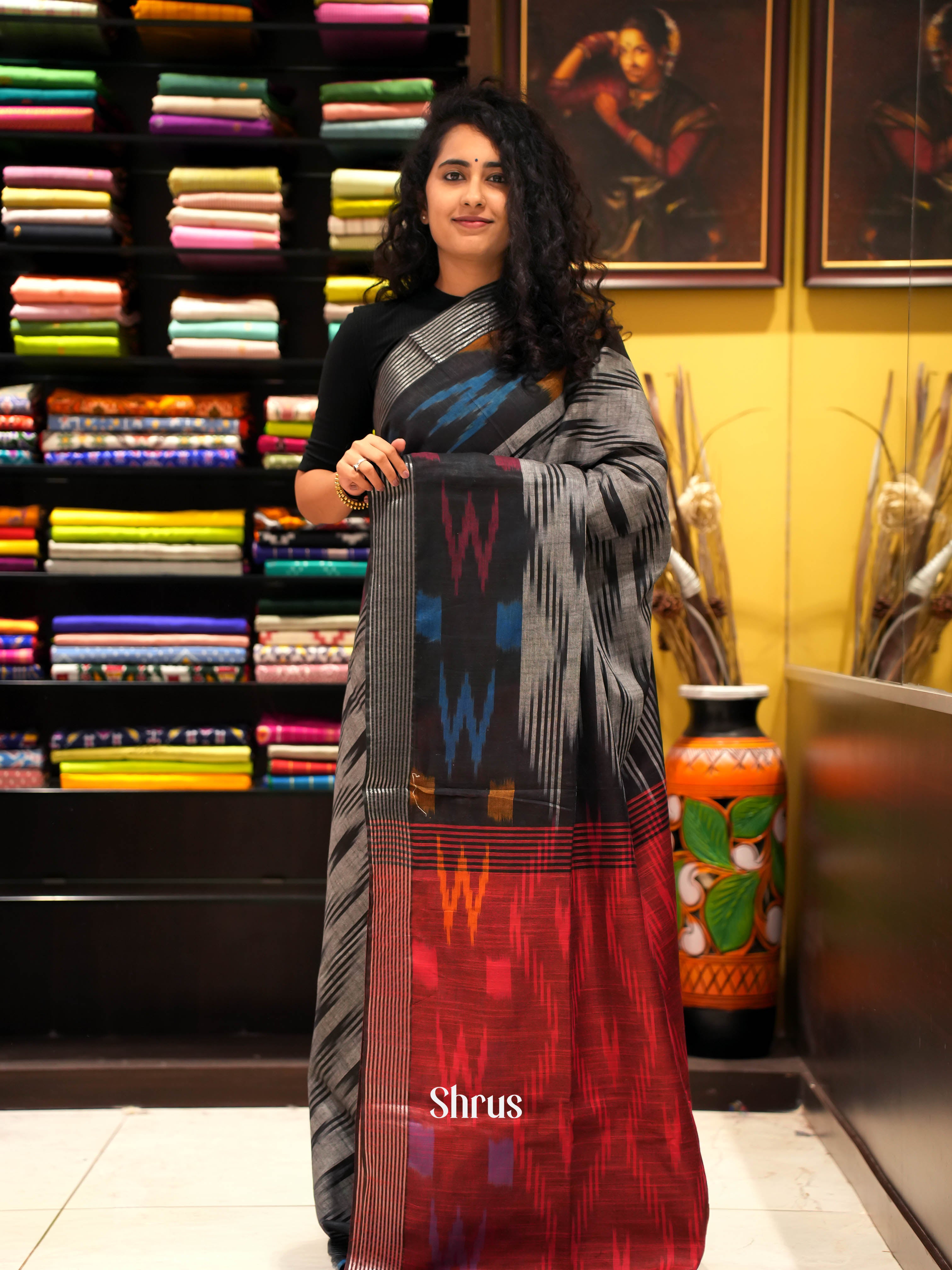 Grey & Red - Semi Ikkat Saree - Shop on ShrusEternity.com