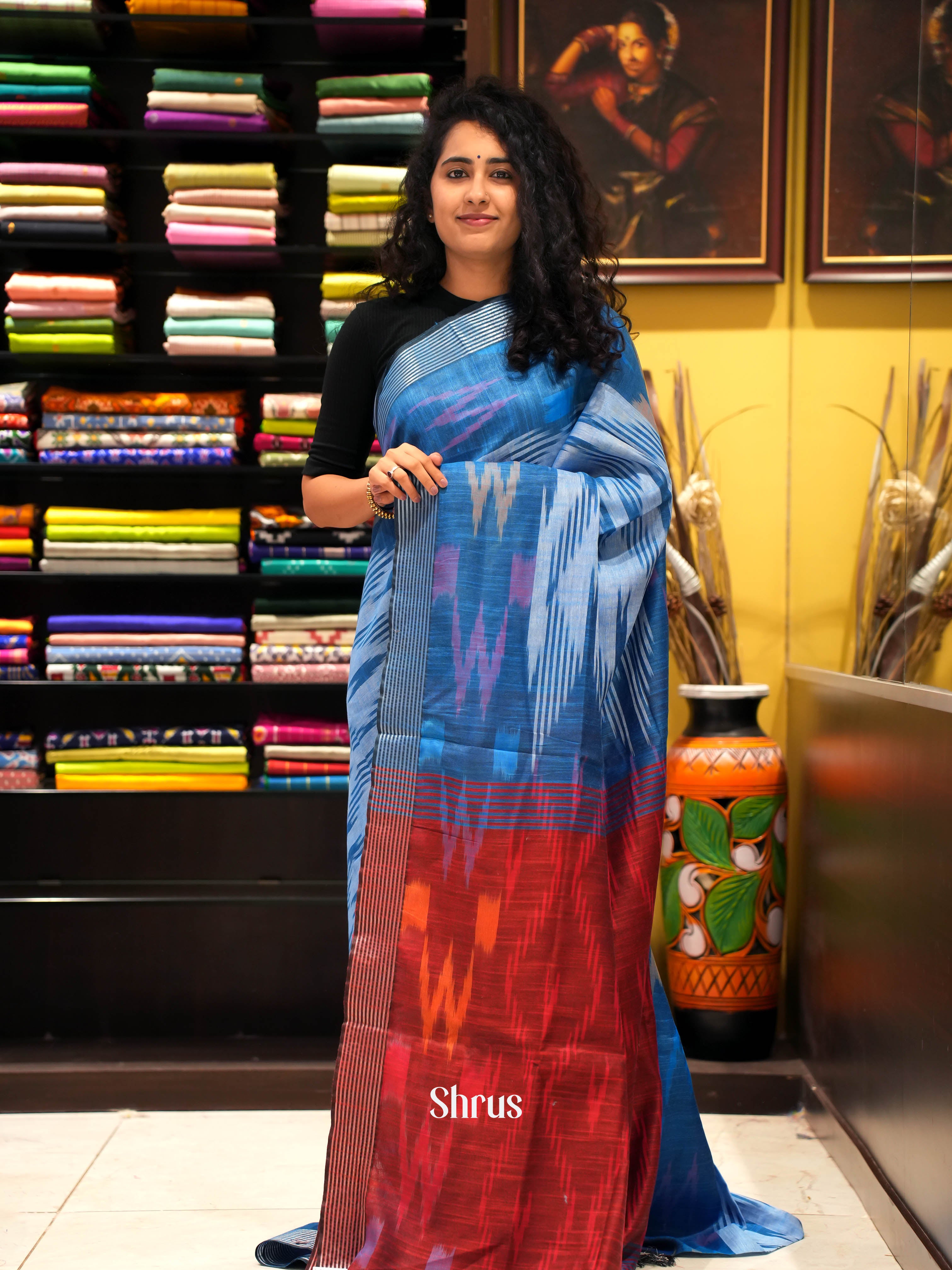 Blue & Red - semi ikkat Saree - Shop on ShrusEternity.com