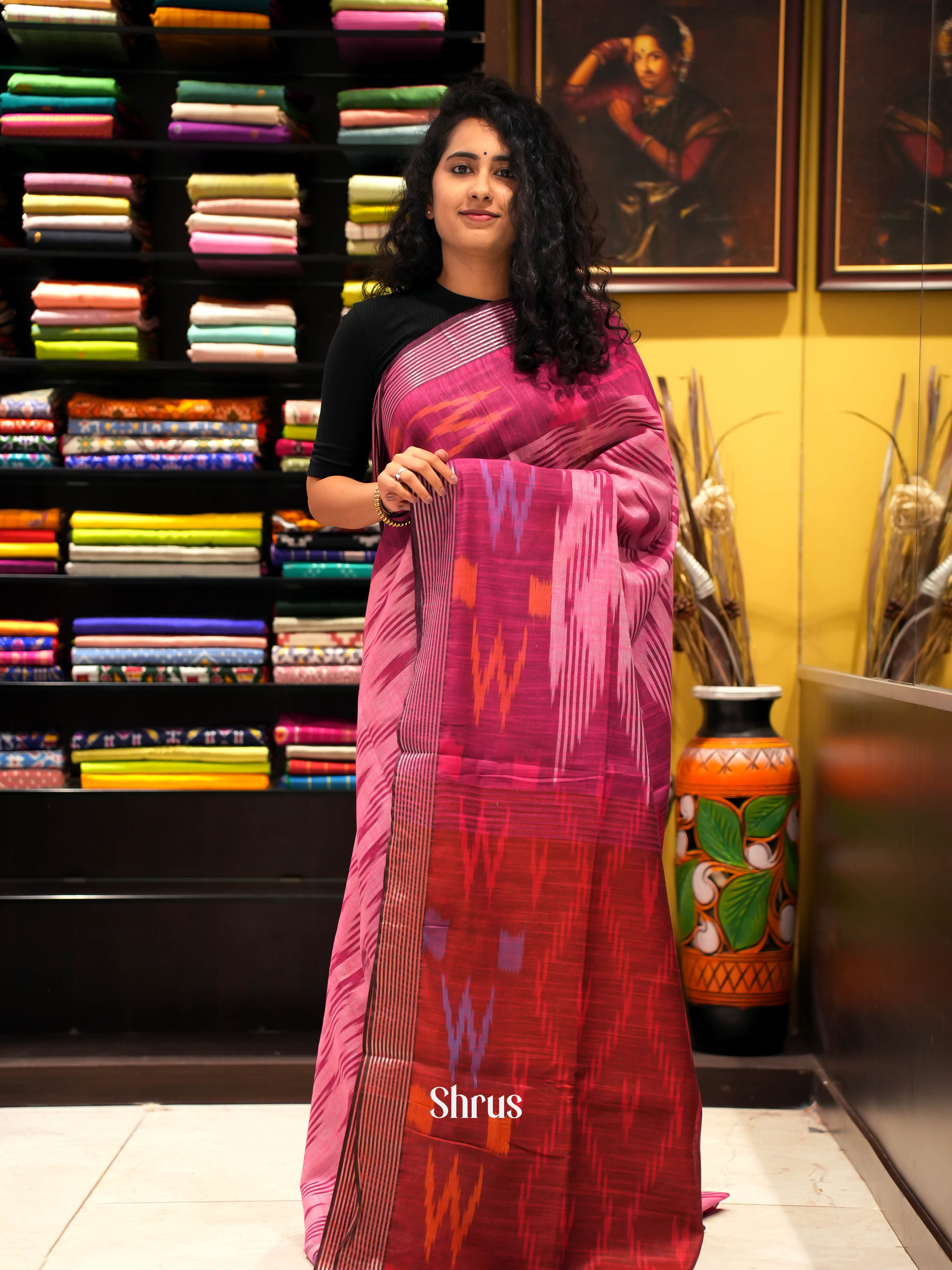 Pink & Red- semi ikkat Saree - Shop on ShrusEternity.com