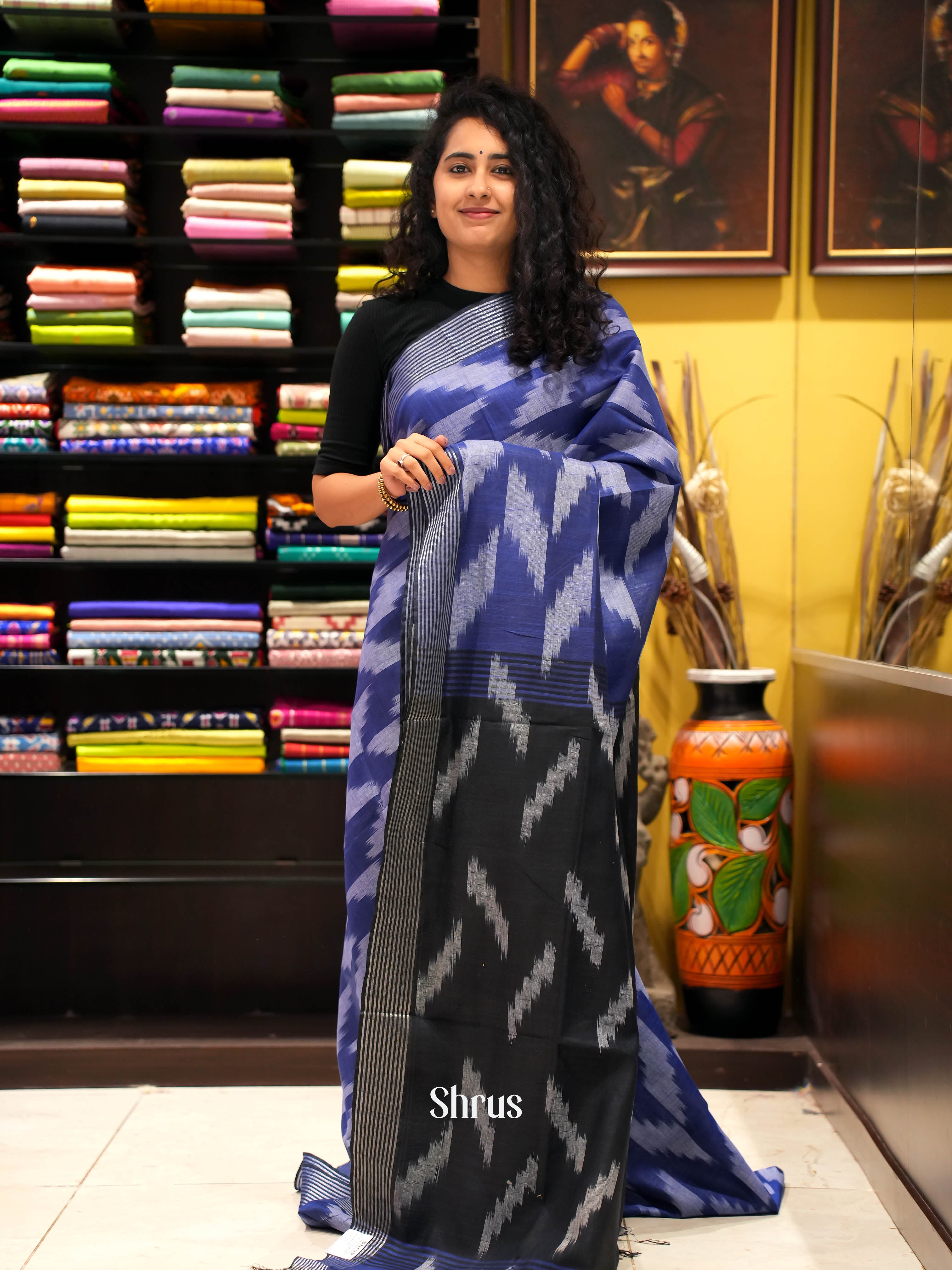 Blue & Black - semi ikkat Saree - Shop on ShrusEternity.com