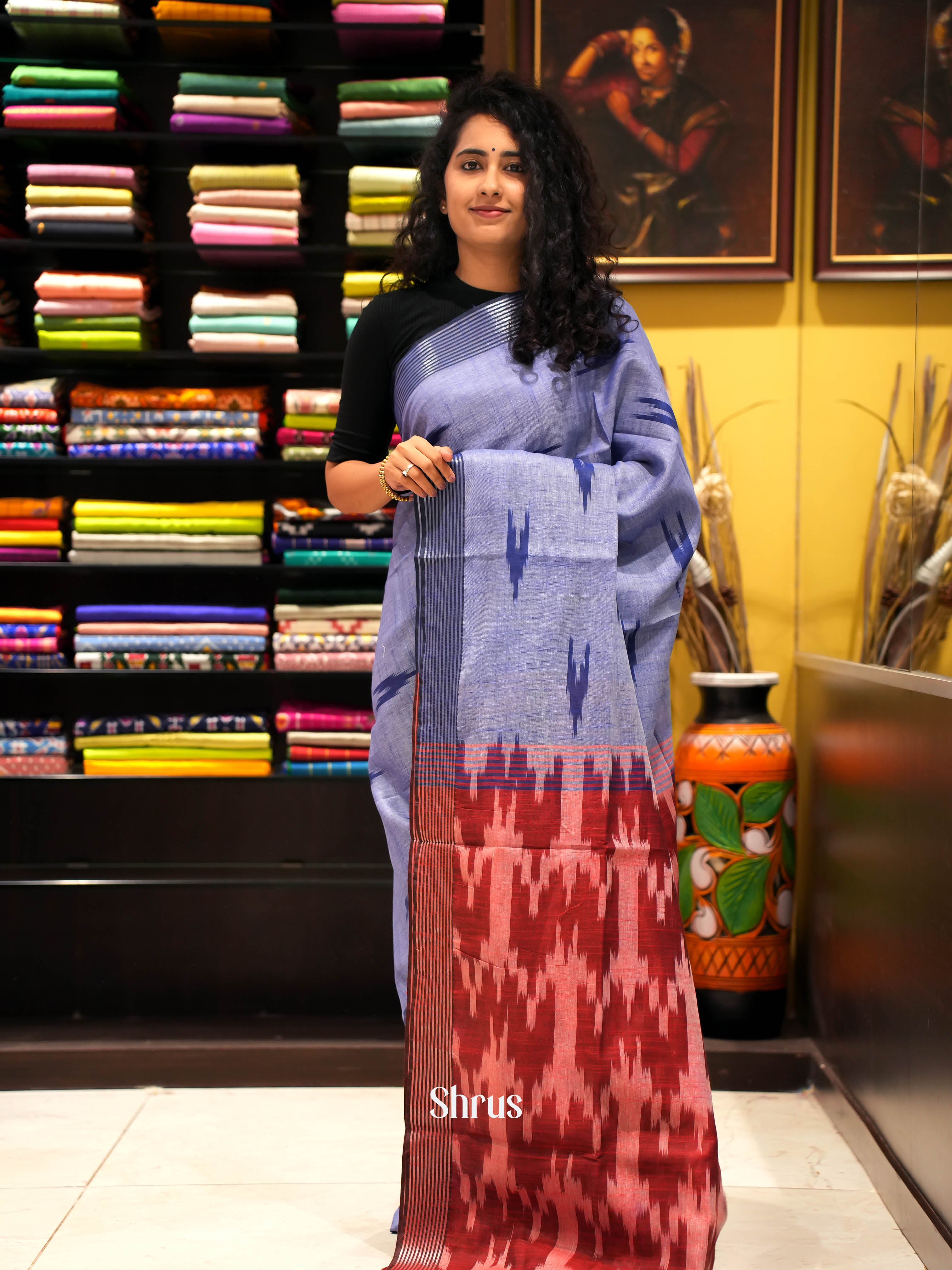 Lite Blue & Pink - semi ikkat Saree - Shop on ShrusEternity.com