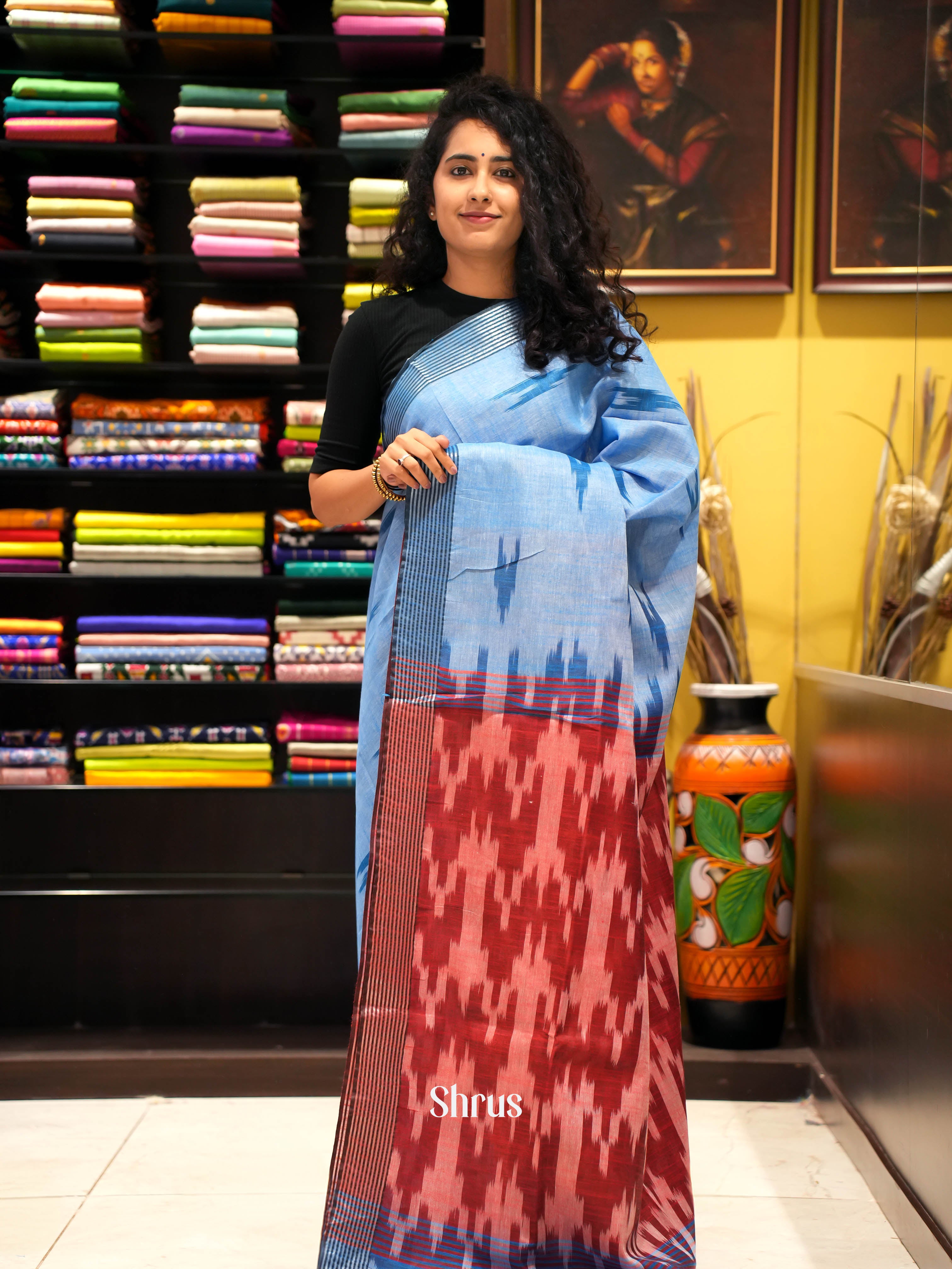 Blue & Red - Semi ikkat Saree - Shop on ShrusEternity.com