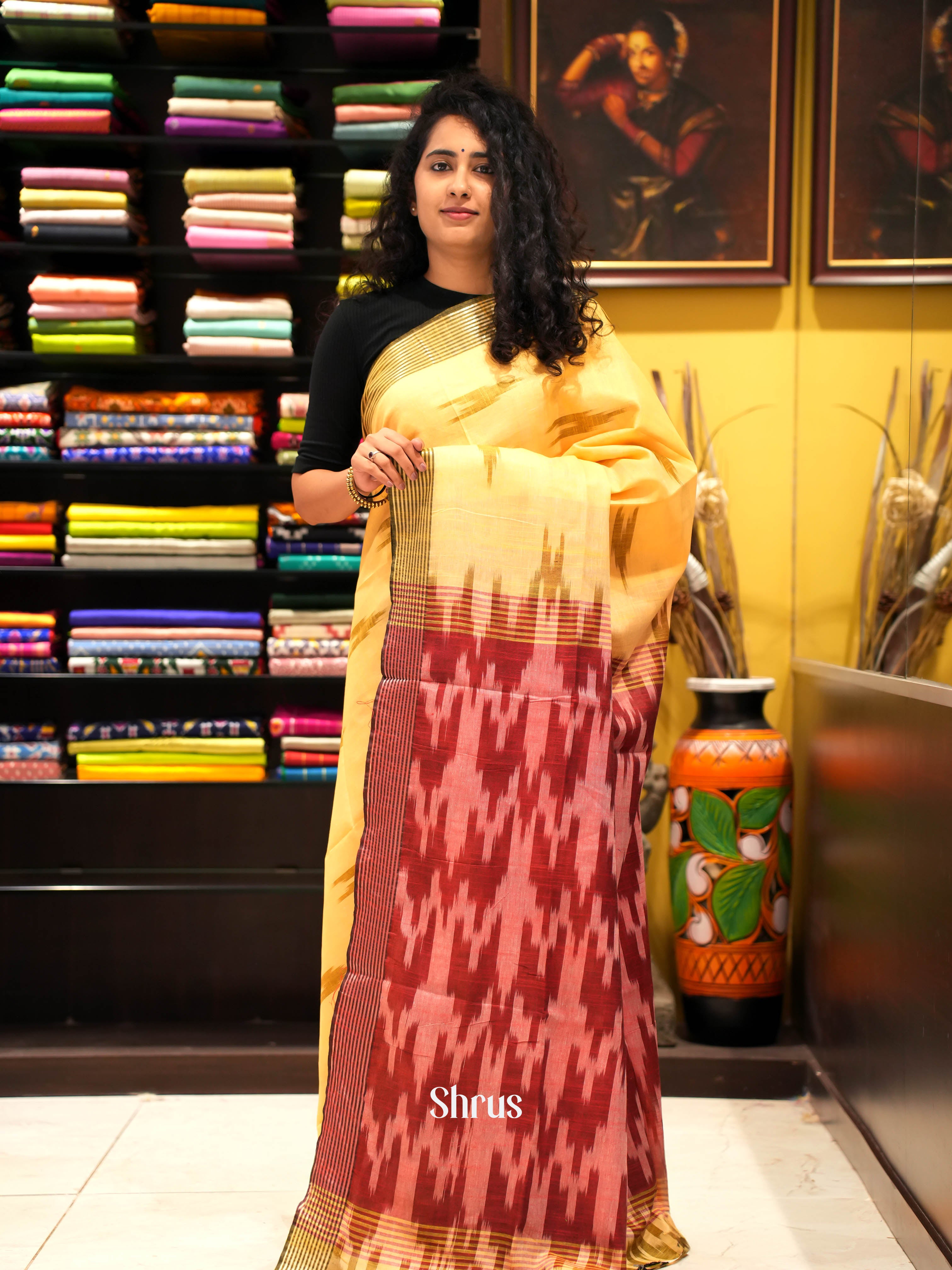 Yellow & Red -Semi ikkat Saree - Shop on ShrusEternity.com