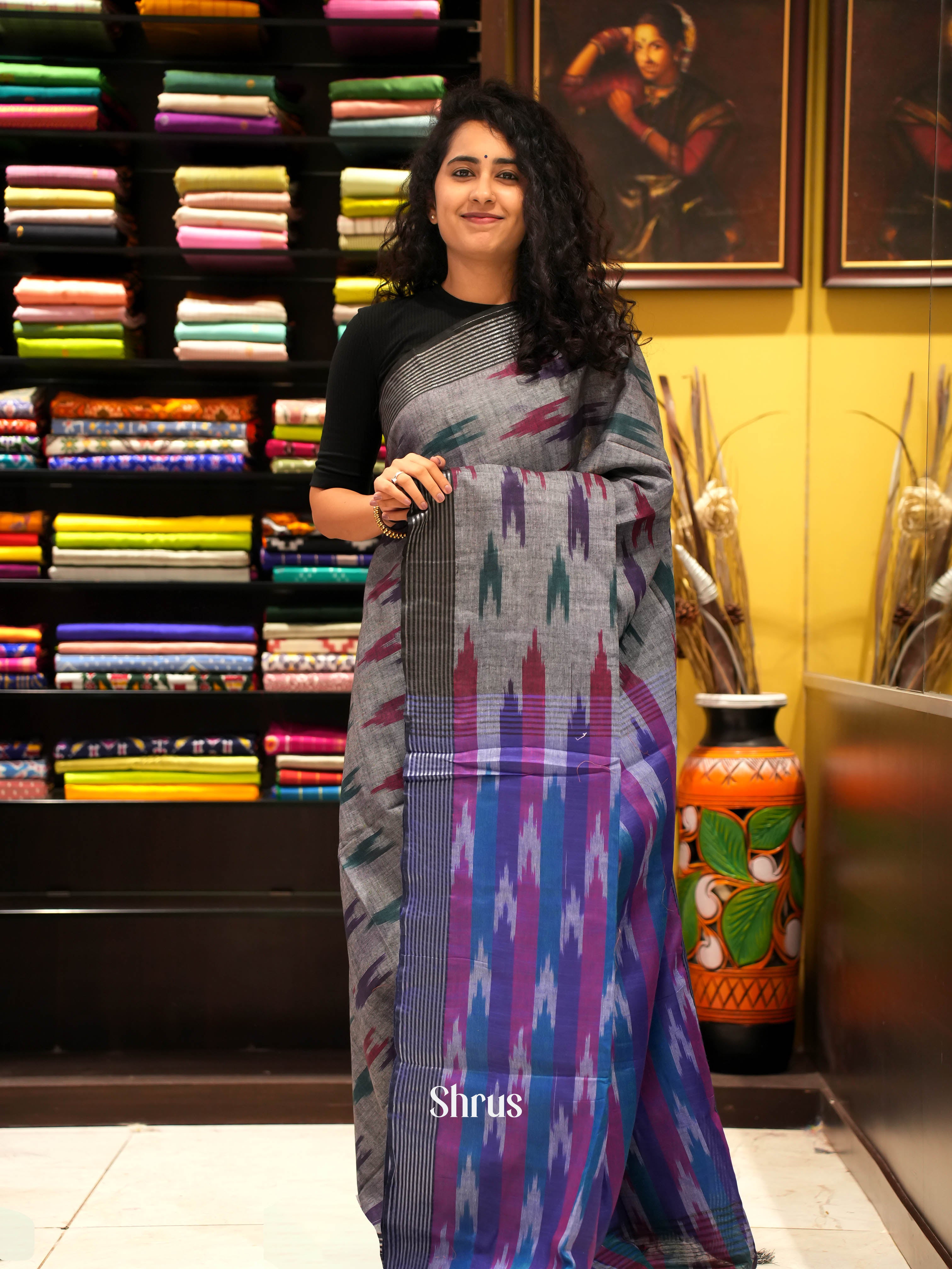 Grey & Blue - semi ikkat Saree - Shop on ShrusEternity.com