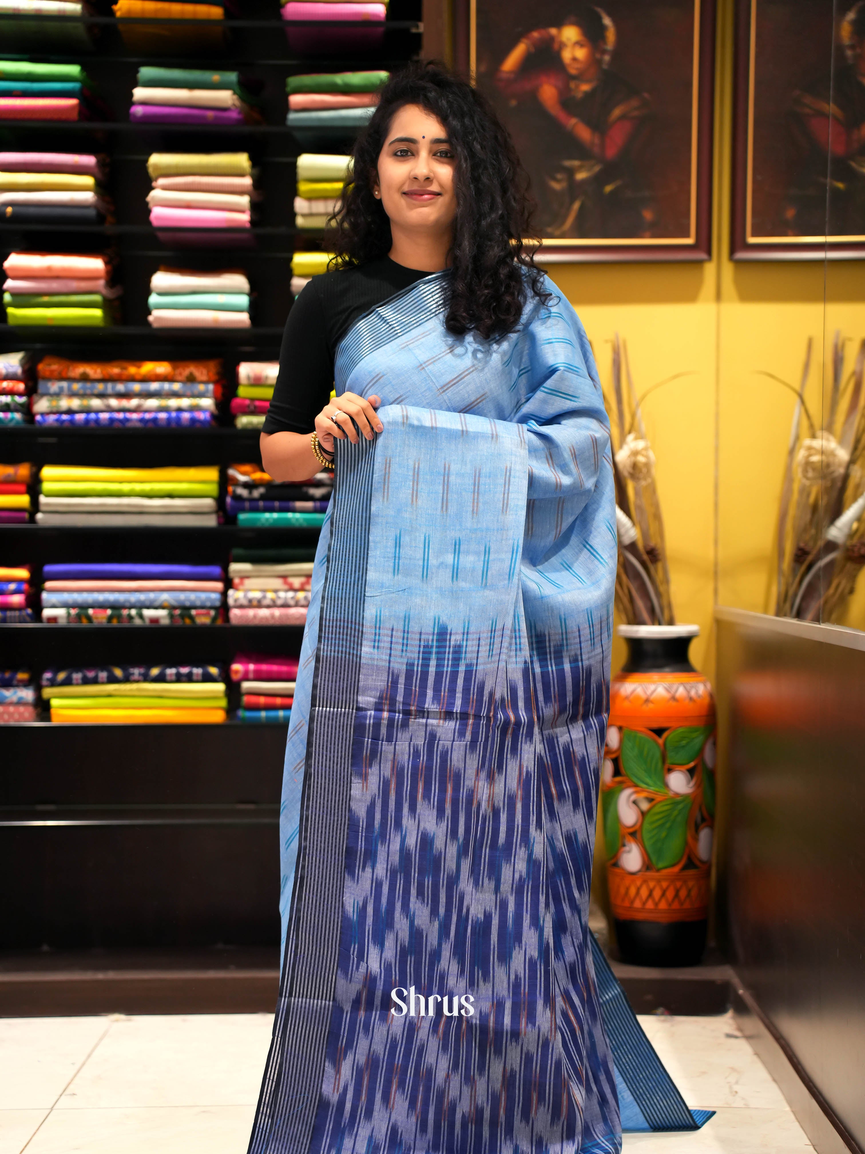 Blue & Grey - semi ikkat Saree - Shop on ShrusEternity.com