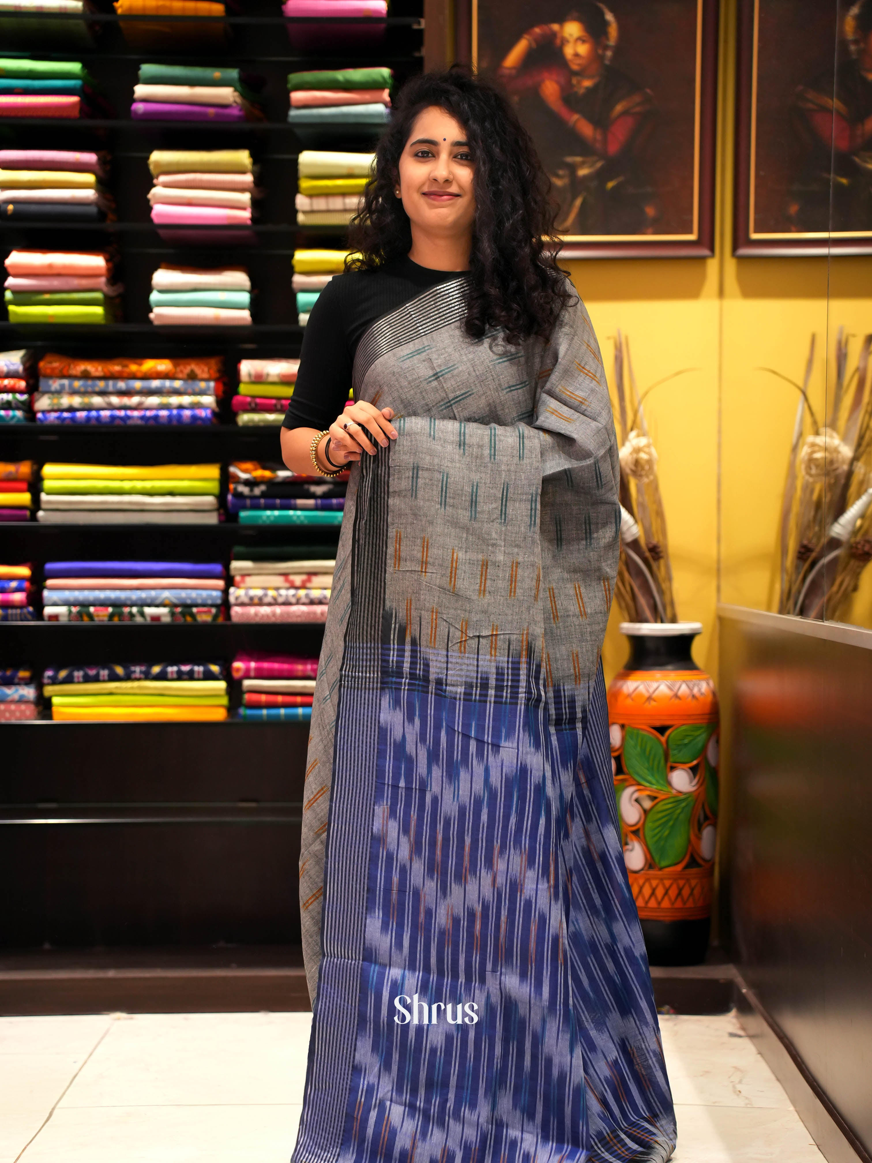 Grey & Blue - semi ikkat Saree - Shop on ShrusEternity.com