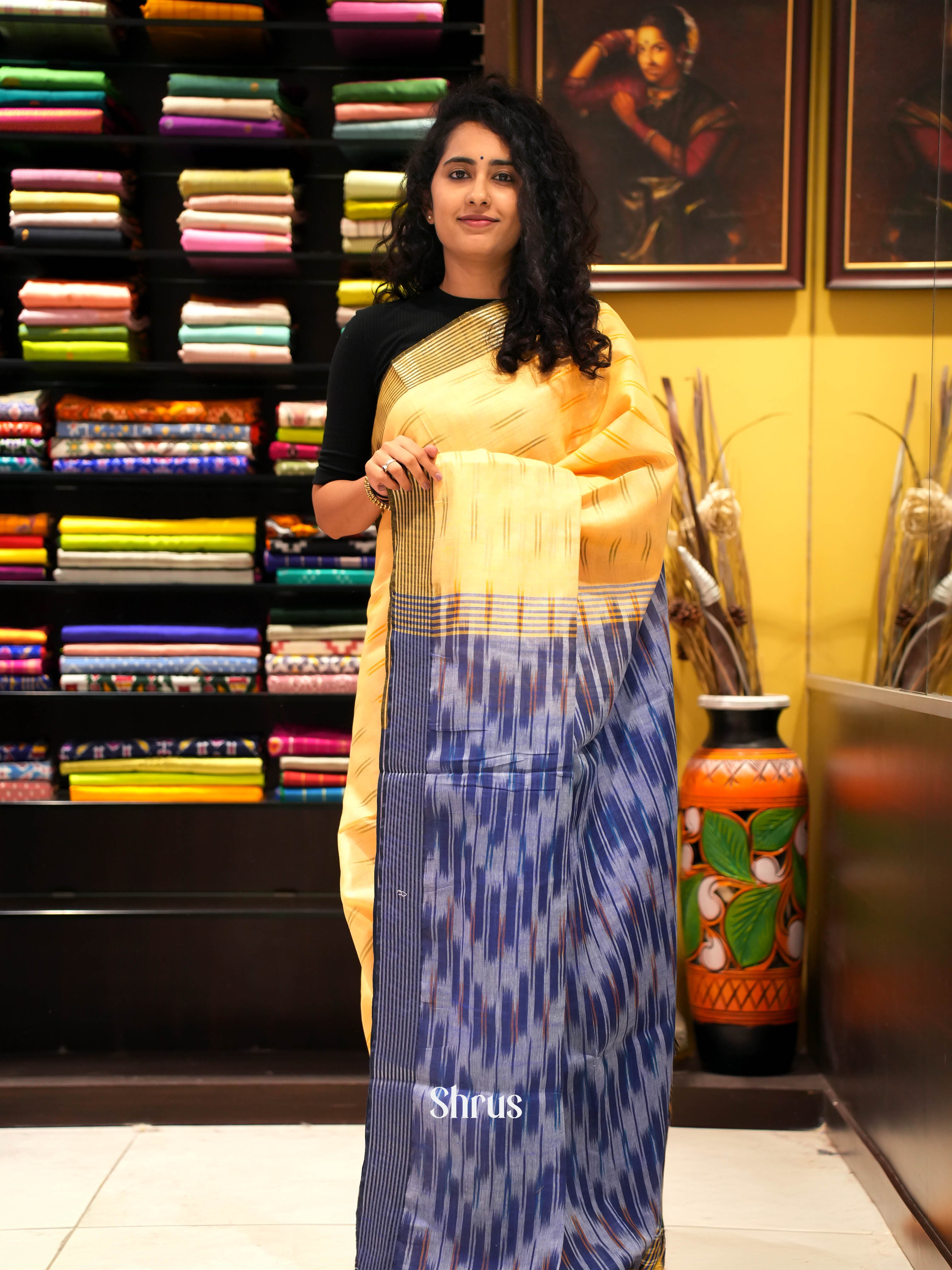 Yellow & Blue- semi ikkat Saree - Shop on ShrusEternity.com