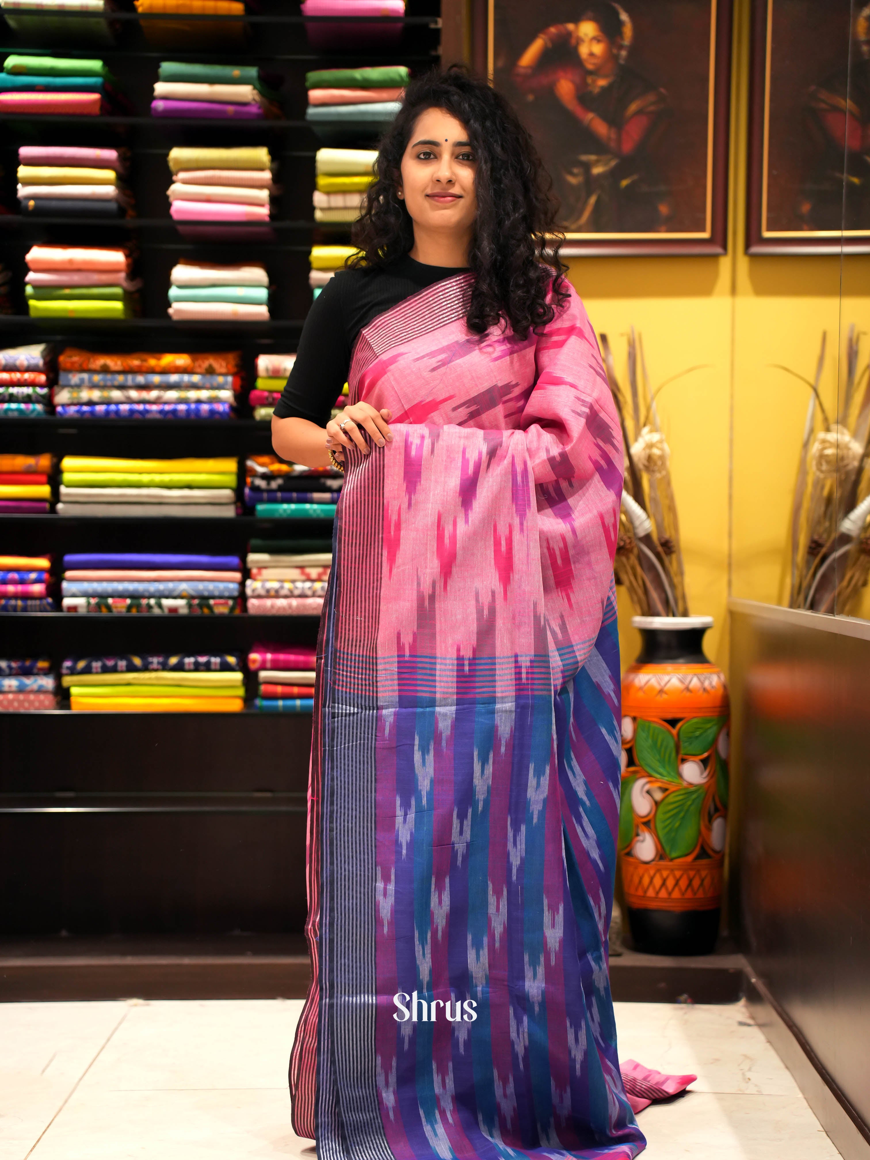 Pink & Blue - semi ikkat Saree - Shop on ShrusEternity.com