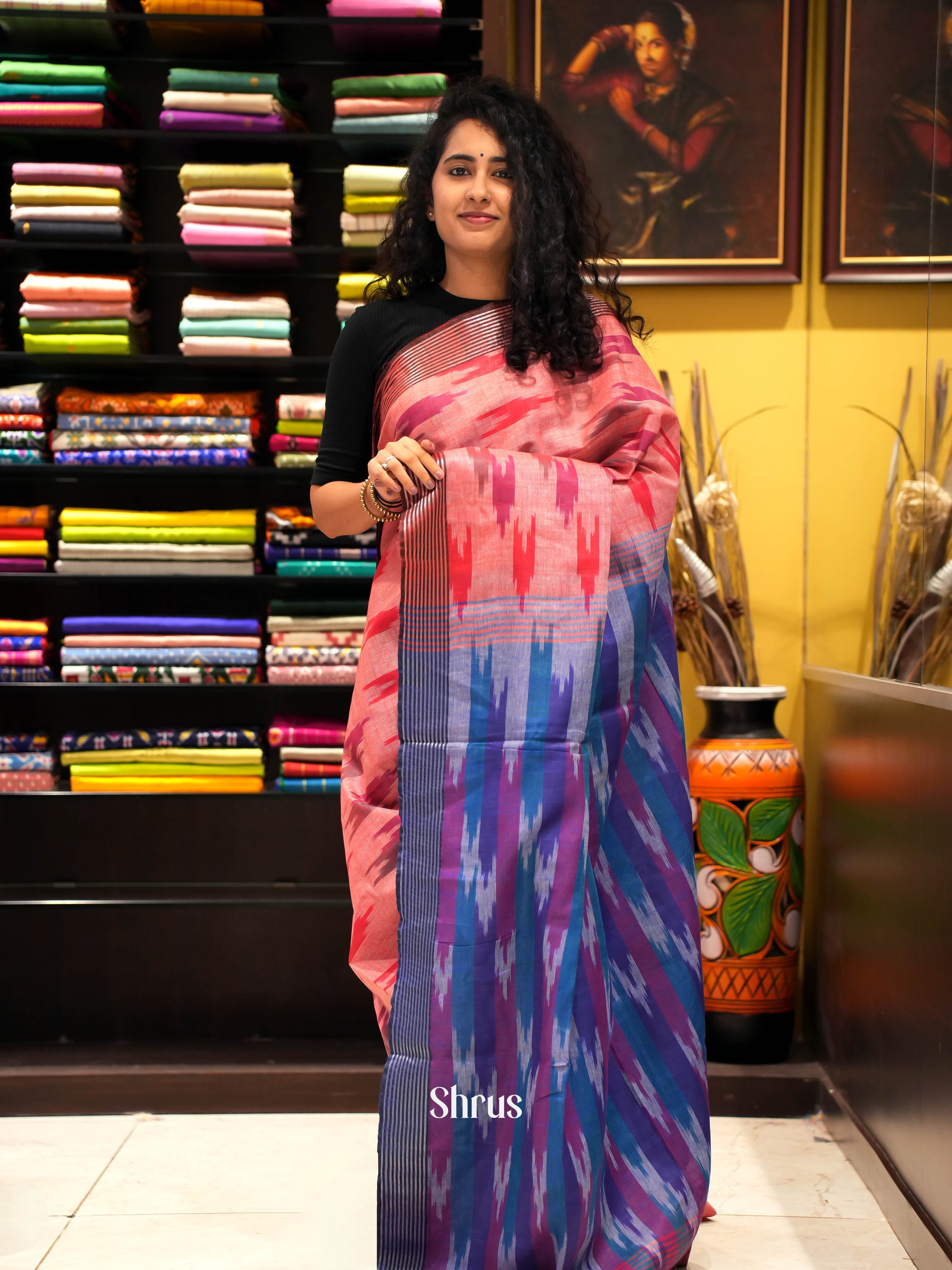 Peach & Blue - semi ikkat Saree - Shop on ShrusEternity.com