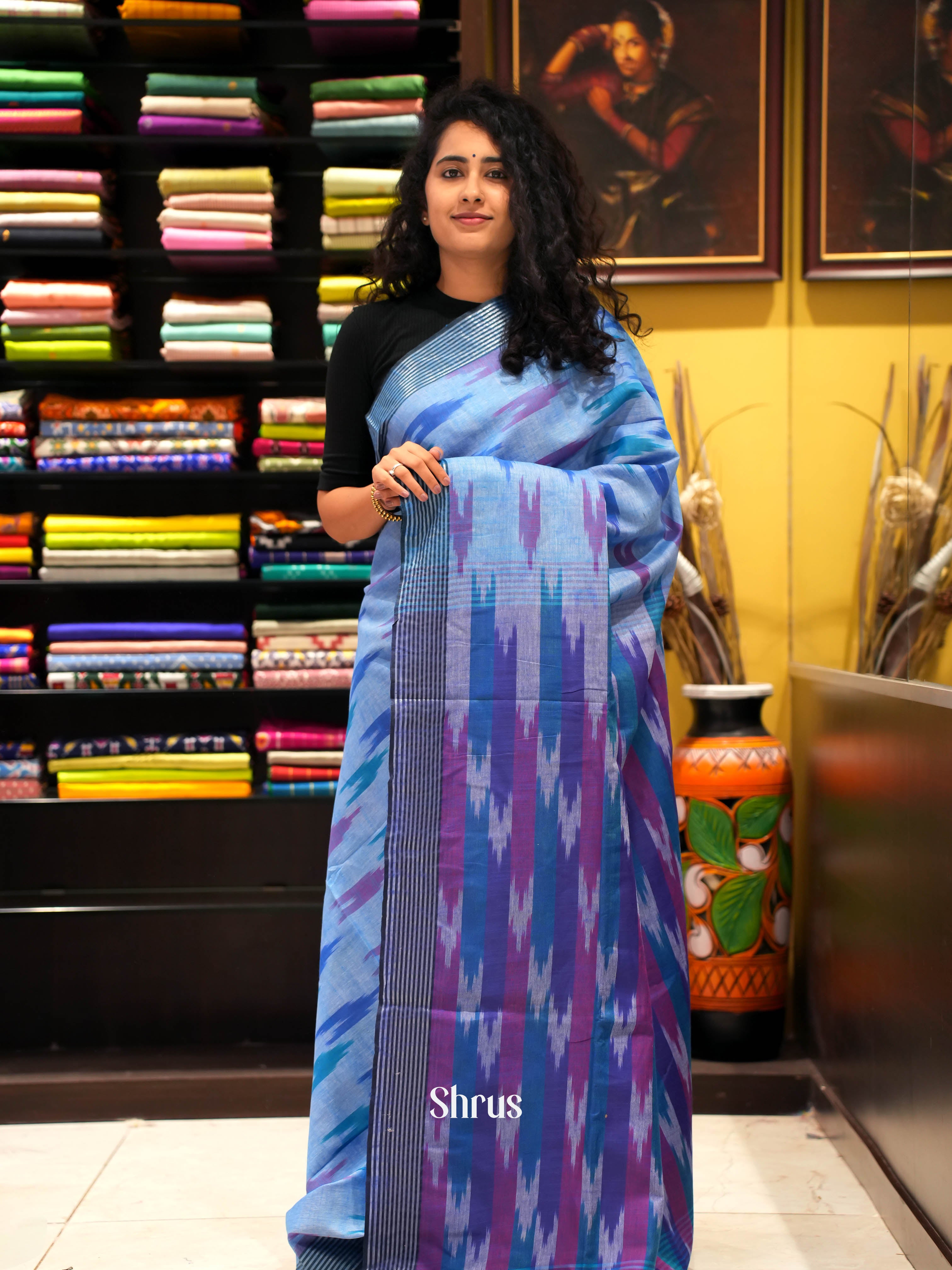 Blue & Pink- semi ikkat Saree - Shop on ShrusEternity.com