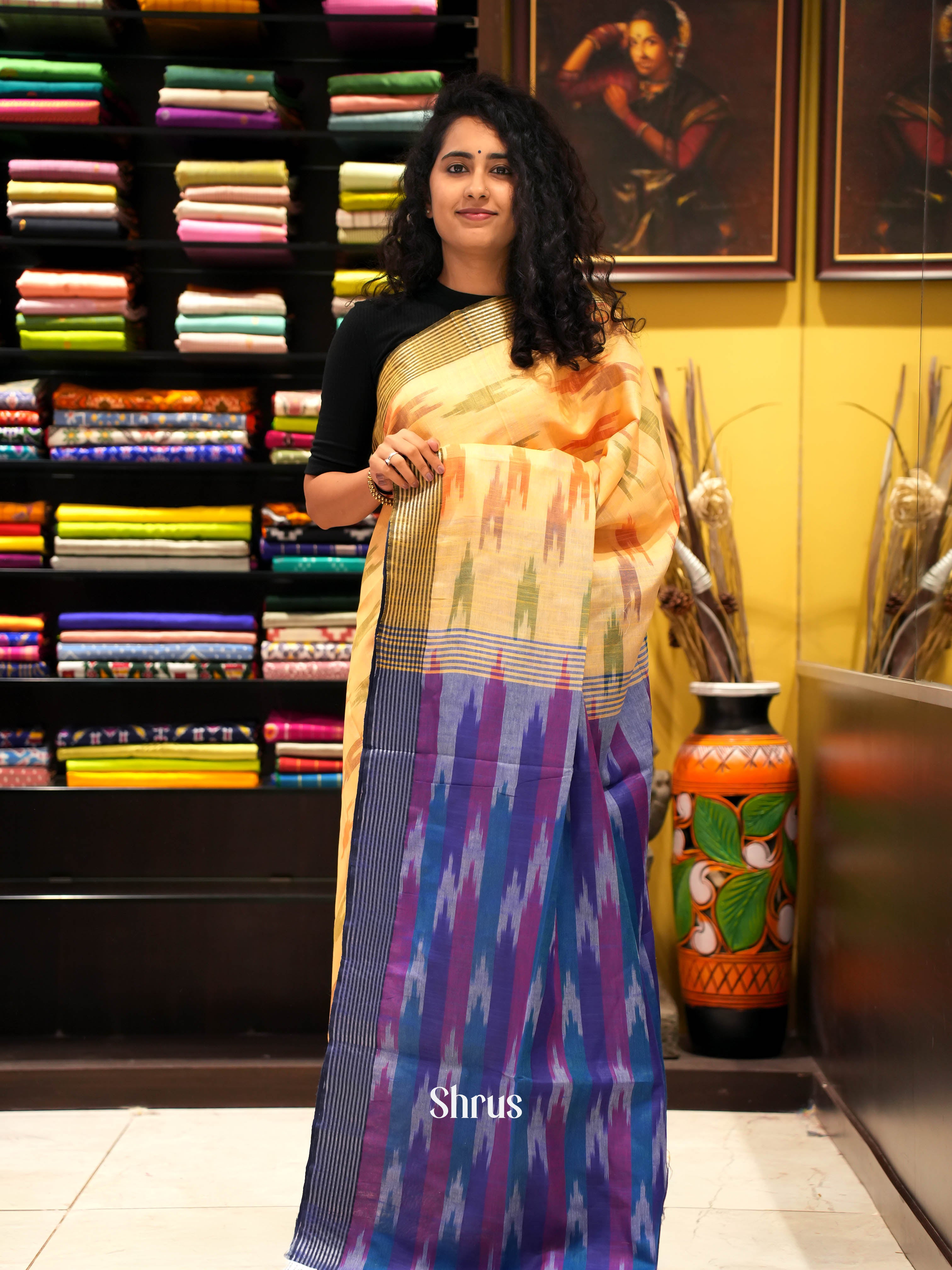 Yellow & Blue - semi ikkat Saree - Shop on ShrusEternity.com