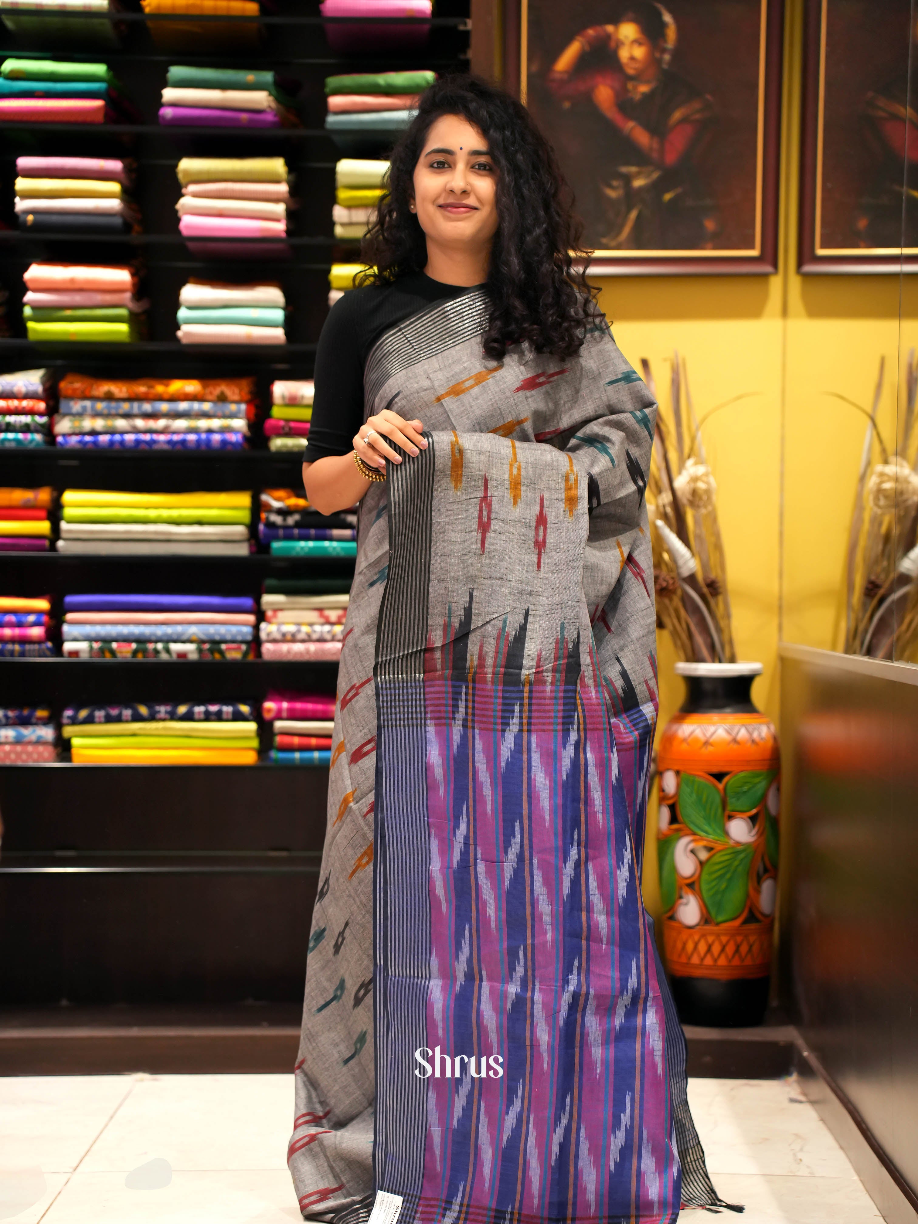 Grey & Blue - semi ikkat Saree - Shop on ShrusEternity.com