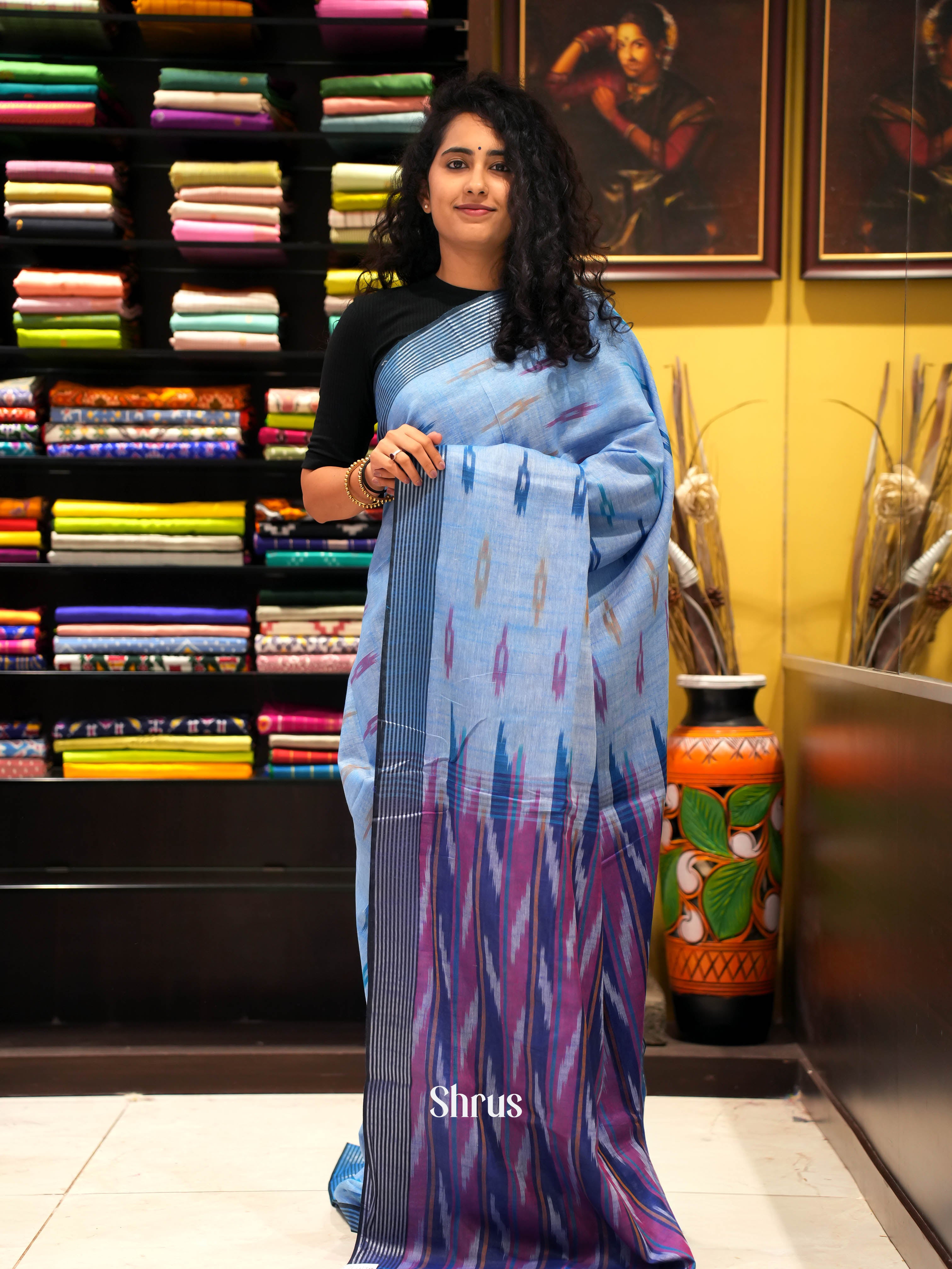 Blue & Grey- semi ikkat Saree - Shop on ShrusEternity.com