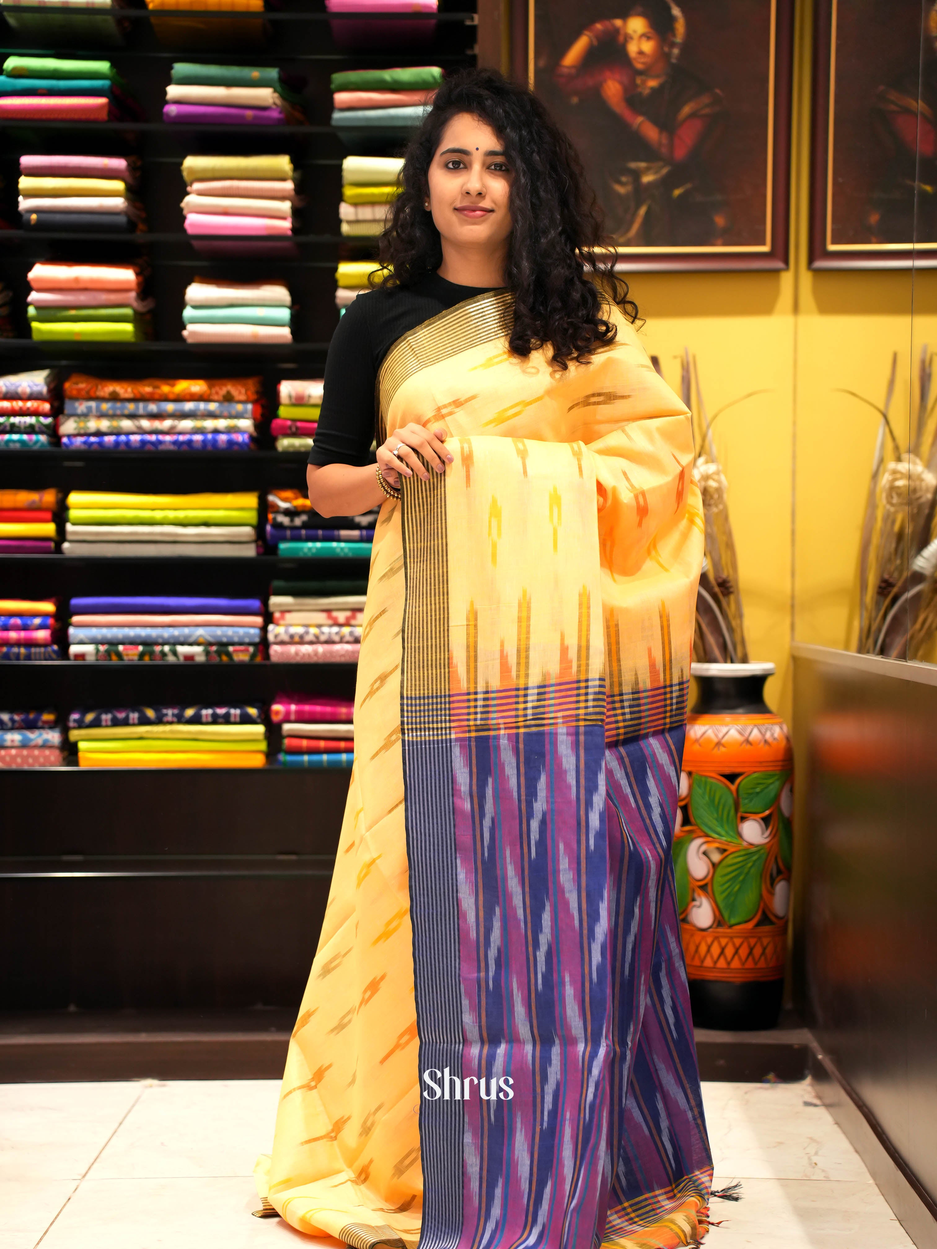 Yellow & Grey - semi ikkat Saree - Shop on ShrusEternity.com