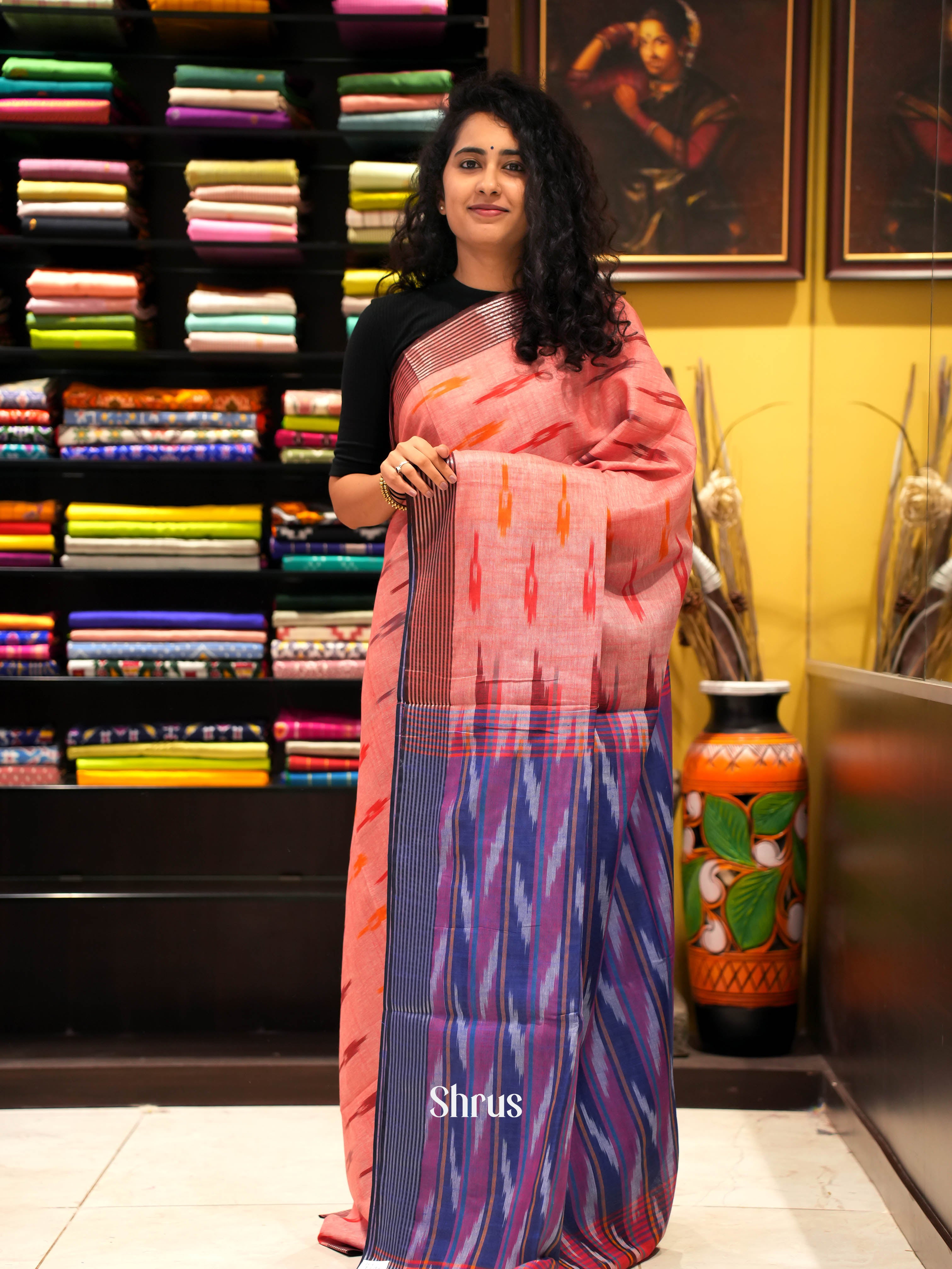 Peach & Grey - semi ikkat Saree - Shop on ShrusEternity.com