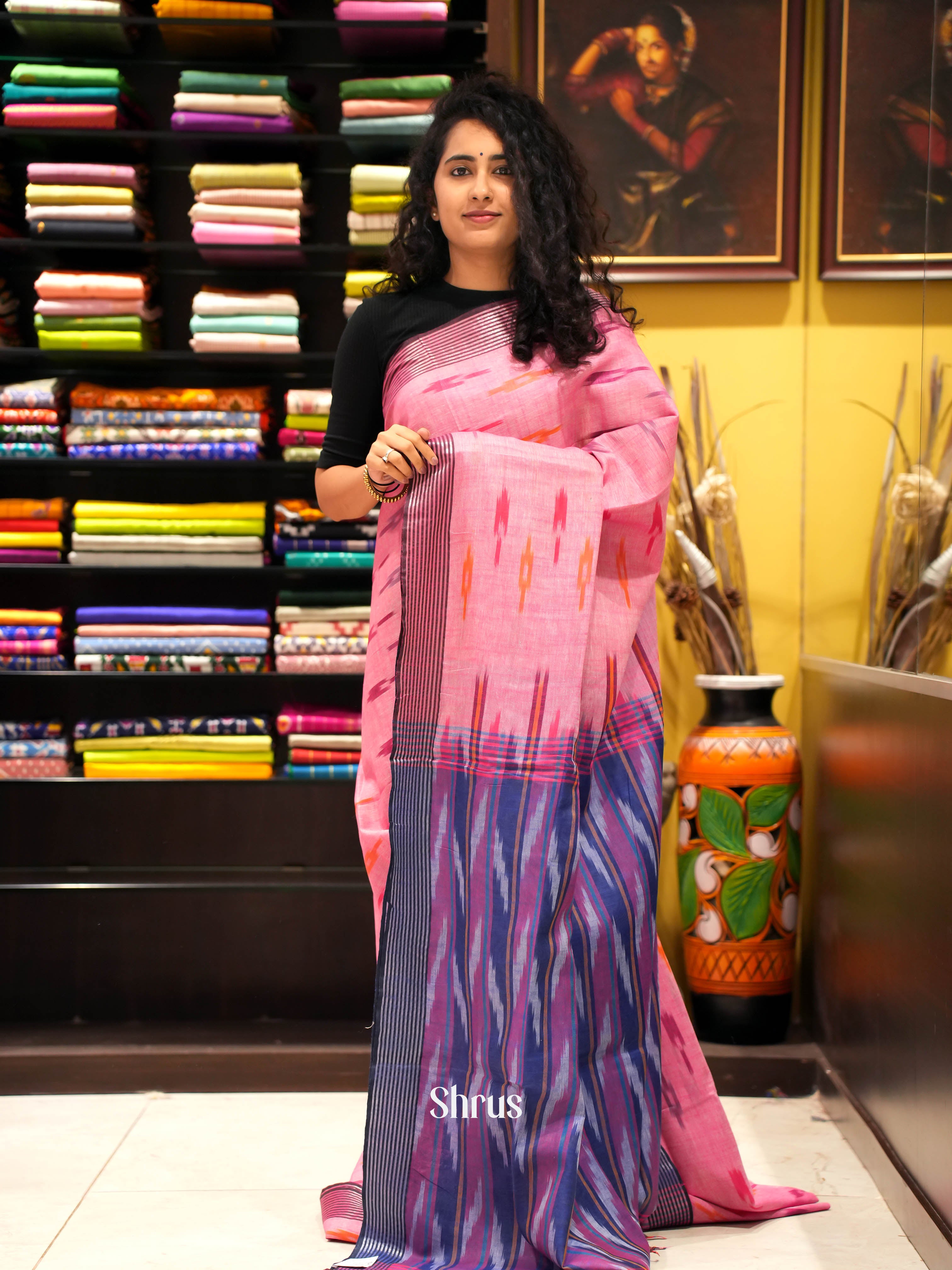 Pink & Grey- semi ikkat Saree - Shop on ShrusEternity.com