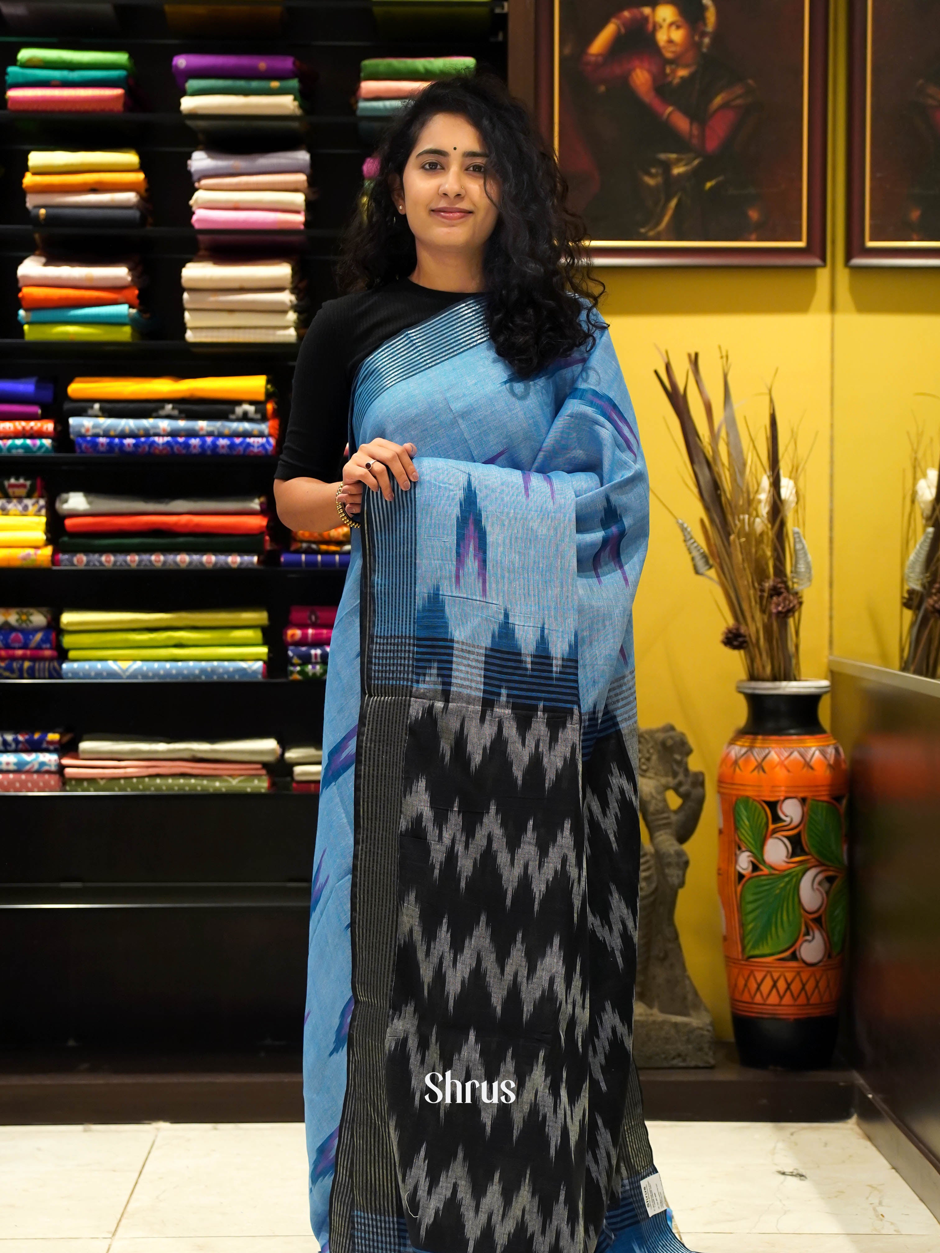 Blue & Black - Semi Ikkat saree - Shop on ShrusEternity.com