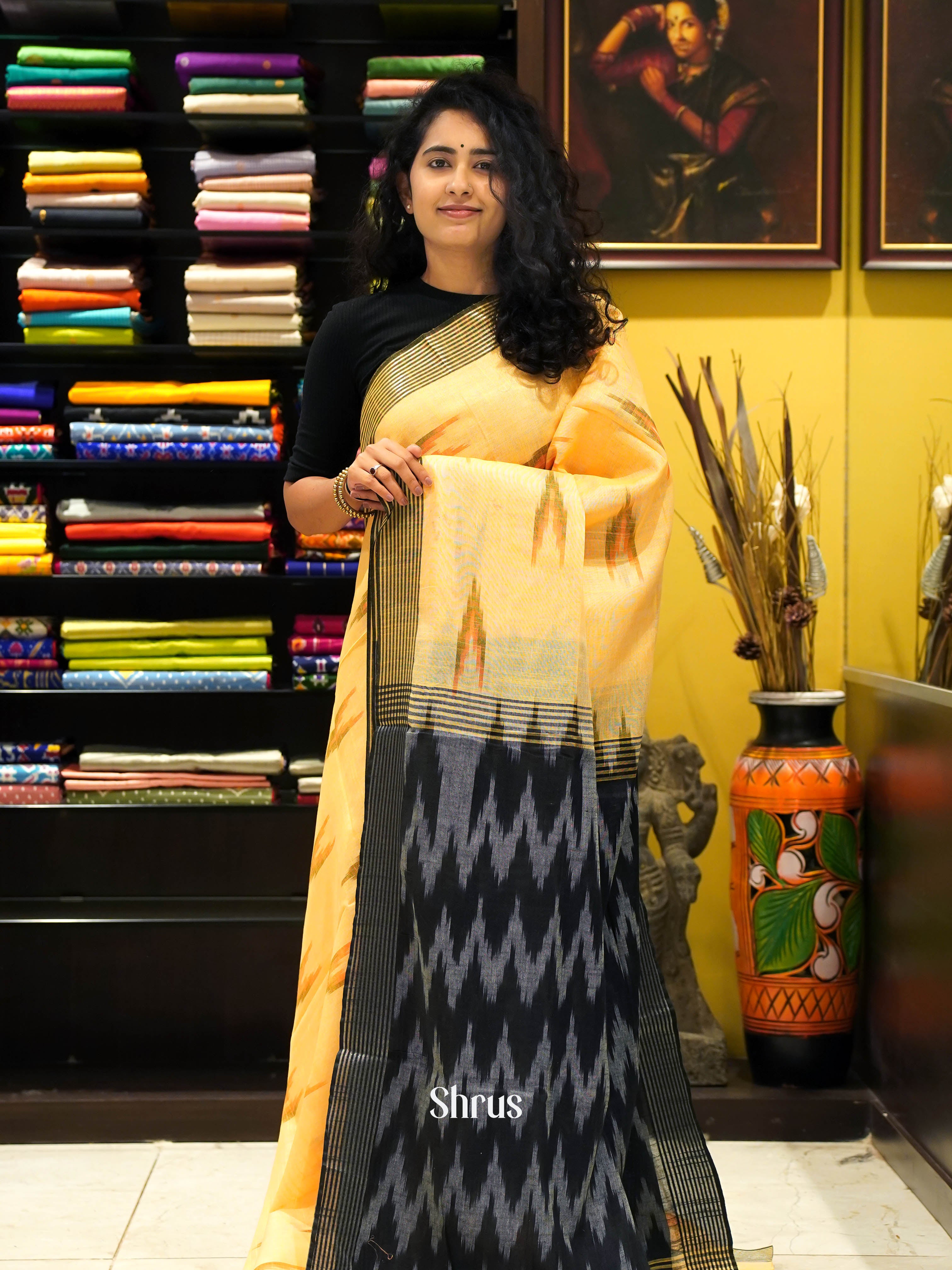 Yellow & Grey- Semi Ikkat saree - Shop on ShrusEternity.com